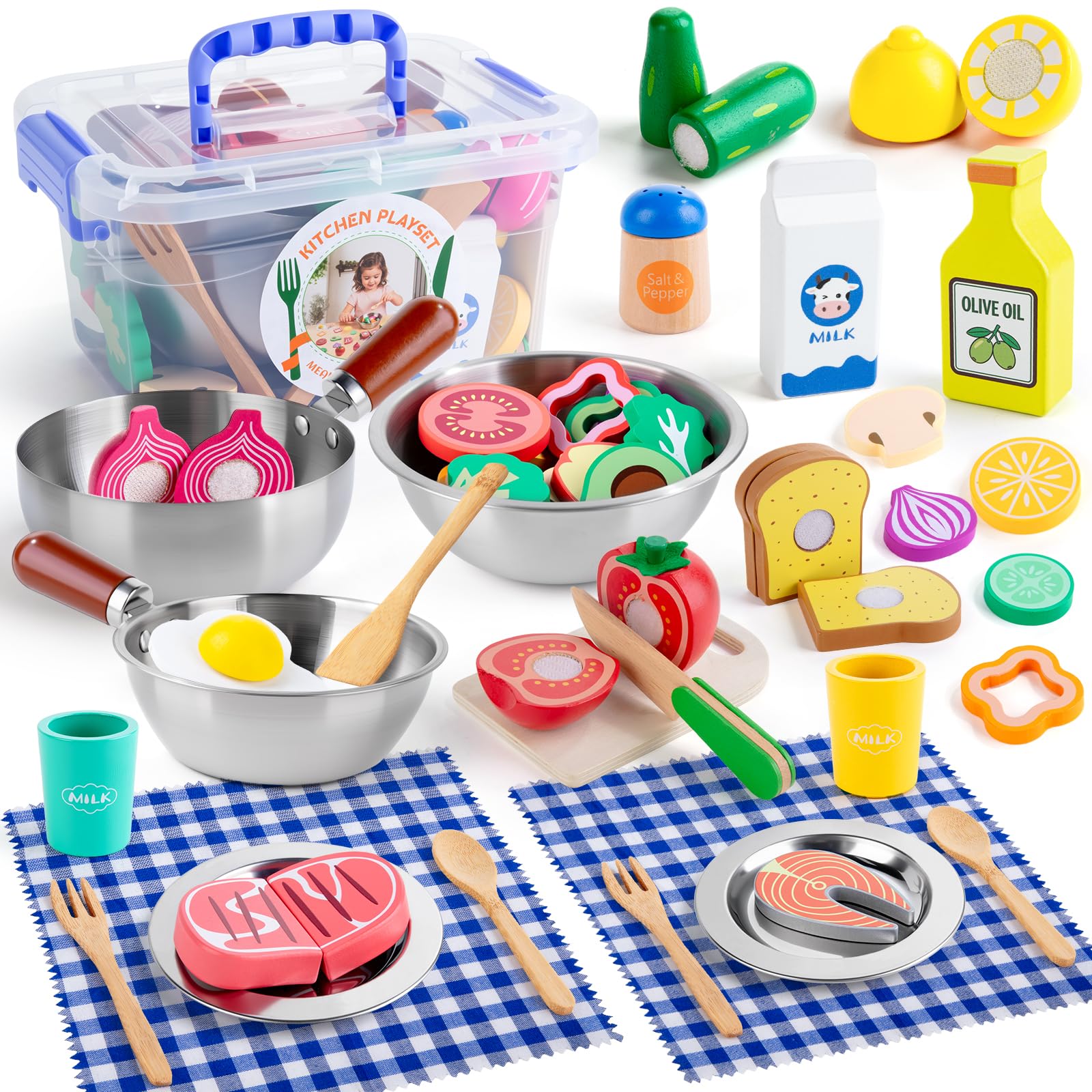 SEMKOTREE Cucina Giocattolo per Bambini, Accessori Cucina Bambini Legno Set Utensili Cucina, Insalatiera Pentole Acciaio Inox, Giochi Bambina Gioco Montessori, Regalo Bimba Bimbo 3 4 5 6 Anni