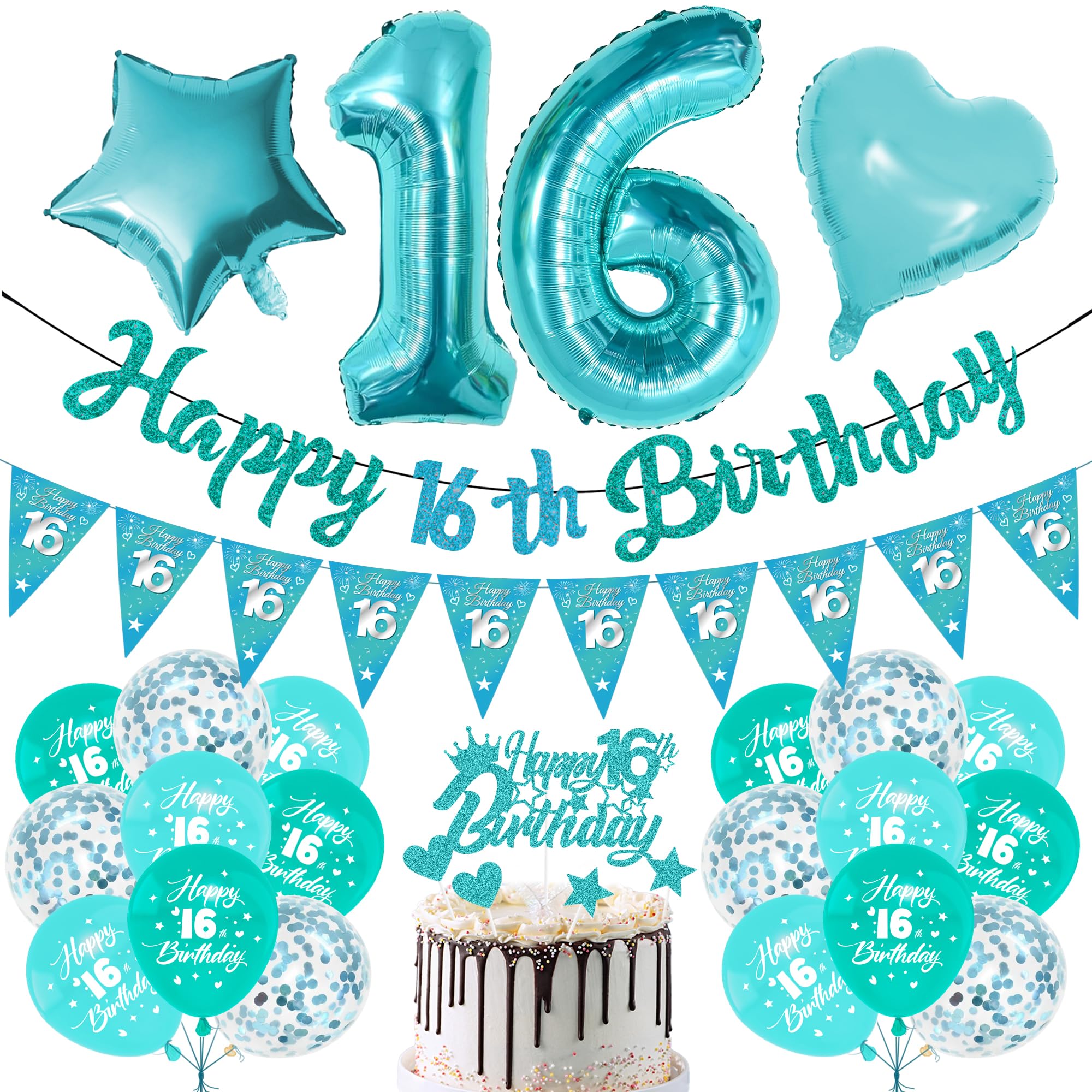 16th Birthday Decorations Balloon Girls - 29 Pcs Teal Blue Banner Triangle Bunting Number 16 Foil Balloons Heart Star Cake Topper for Double Digits Happy 16th Birthday Party Supplies