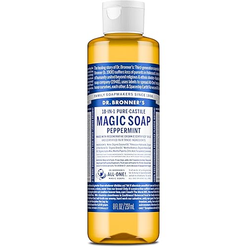 Dr. Bronner's Pure-Castile Magic Liquid Soap (Peppermint, 8 Ounce)- Made with Organic Oils, 18-in1 Uses: Face, Hair, Hand & Body Soap, Laundry, Pets- Concentrated, Vegan, Non-GMO