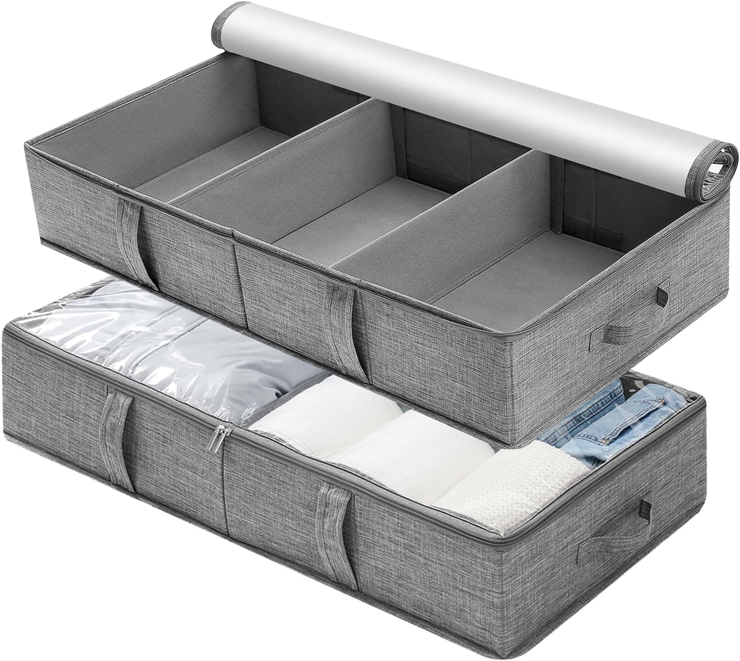 WOVTE Under bed Storage Box with Lids, 2Pack 50L Large Under Bed Storage, Foldable Clothes Storage Box with Handle and freely adjustable dividers, for Clothes Blankets Shoes Pillows