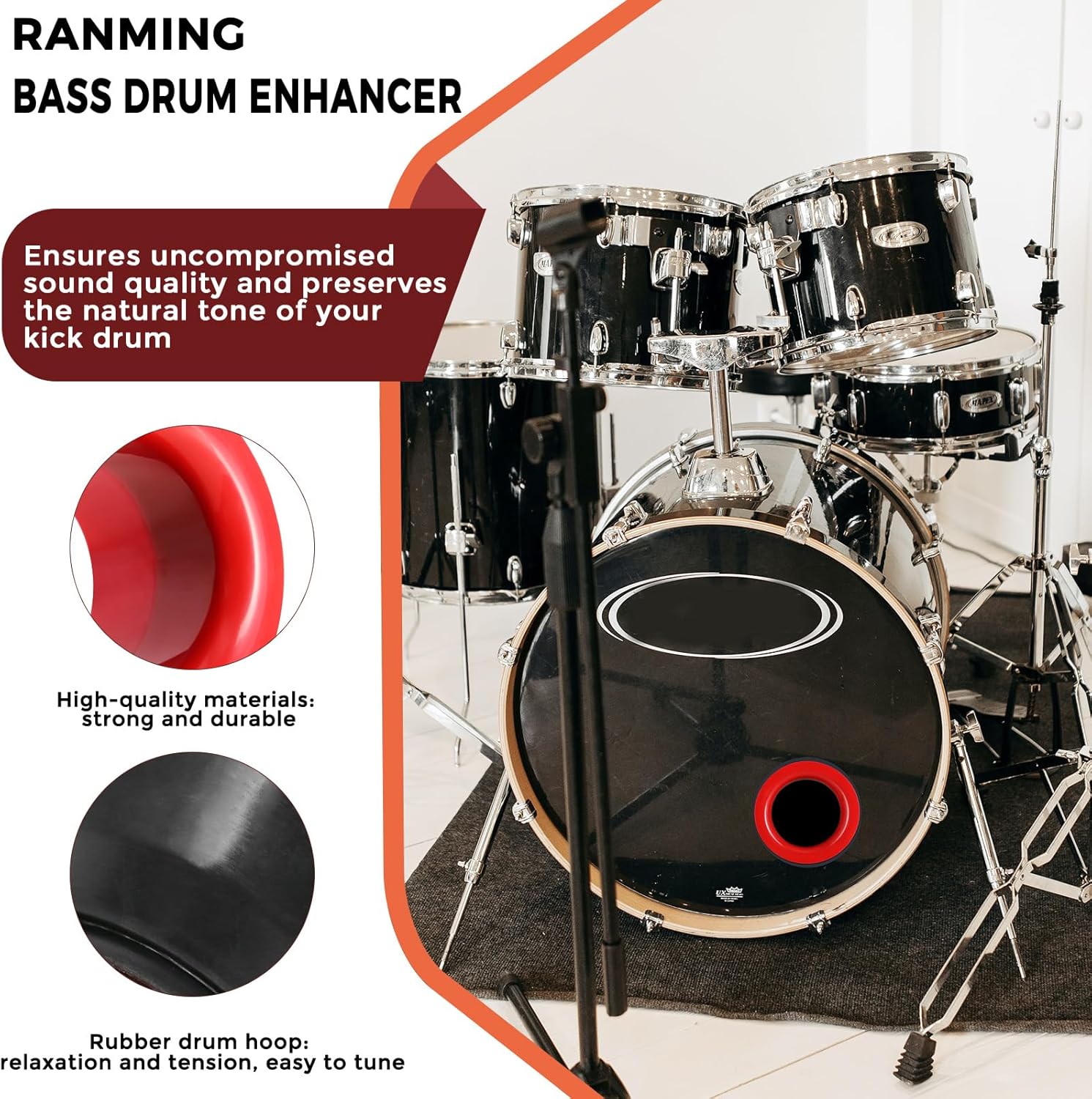RANMING Bass Drum Enhancer Kick Drum Enhancer ABS Rubber Bass Drums Effect Amplifier Bass Hole Protection Speaker Expands LowEnd Frequency Enhancers Portable Drums Percussion Accessories Red