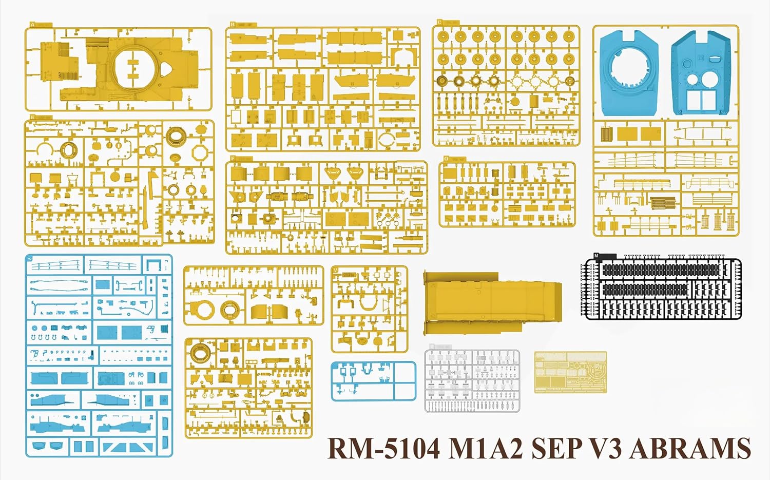 Image showing all plastic sprues and photo-etched parts included in the RM-5104 M1A2 SEP V3 Abrams plastic tank model kit.