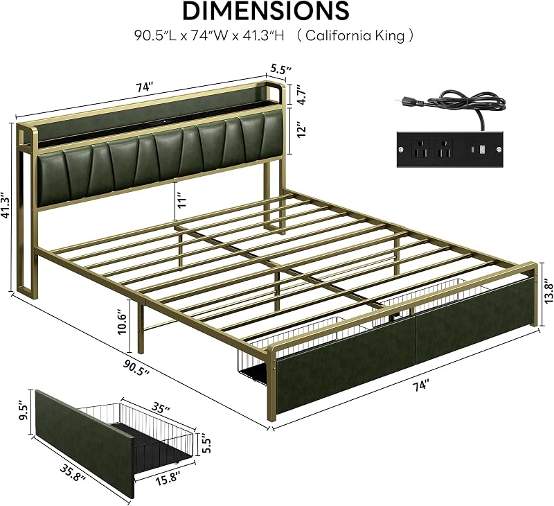 LIKIMIO California King Size Bed Frame with 2 Drawers and Charging Station image 2