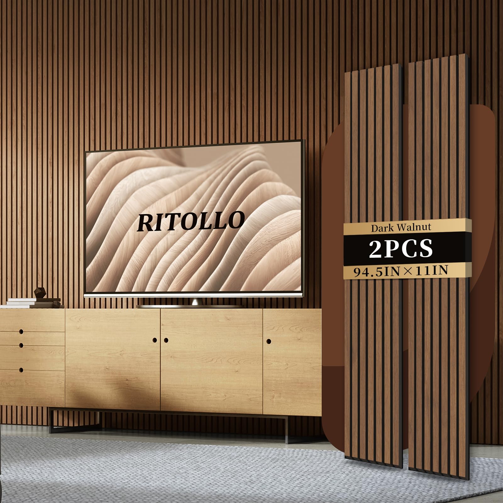 Ritollo Wood Panels for Wall 94.5"×11" Acoustic Panels for Interior Wall Decor, 3D Wood Slat Fluted Sound Absorbing Panel - Walnut 2 Pack
