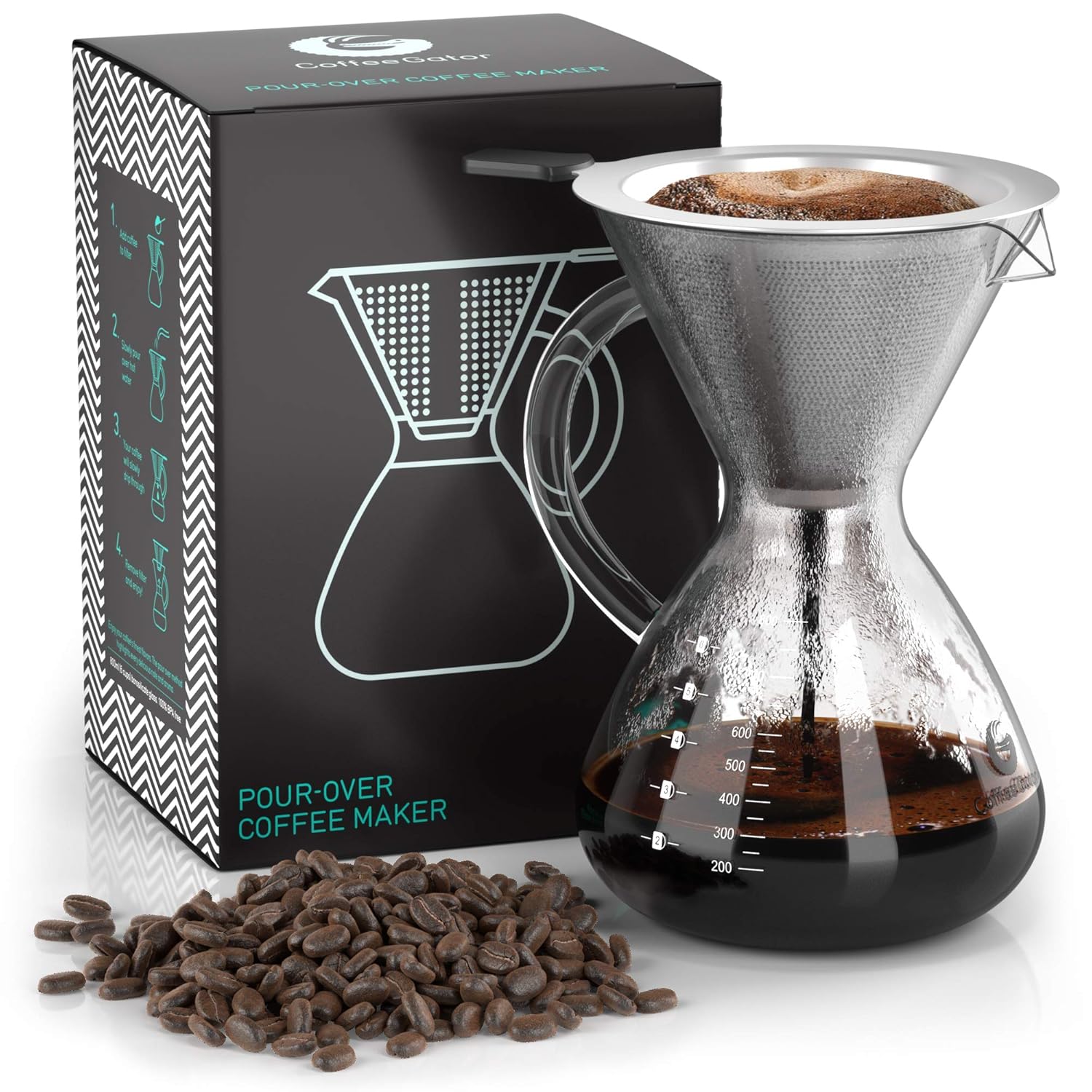 Coffee Gator Pour Over Coffee Maker - 27oz High Heat Borosilicate Glass with Reusable Stainless Steel Filter Drip