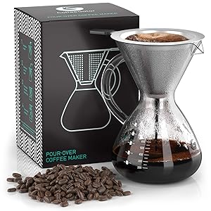 Coffee Gator Cafetera de goteo Pour Over manual con filtro de café permanente de acero inoxidable y jarra. (800ml)