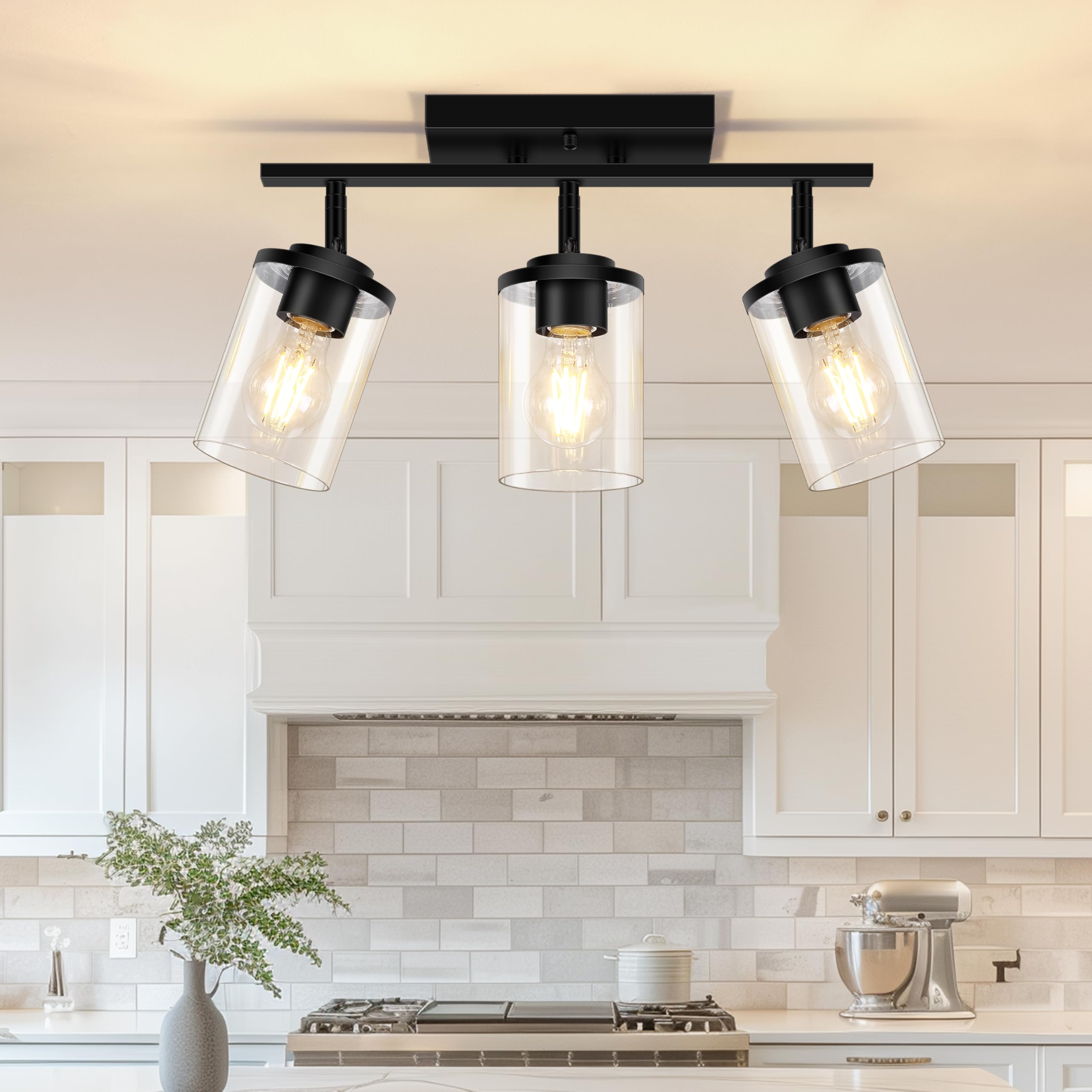 FadimiKoo 3-Lights Semi Flush Mount Ceiling Light Adjustable Kitchen Light Fixtures Ceiling Mount with Clear Glass Shades Rotatable