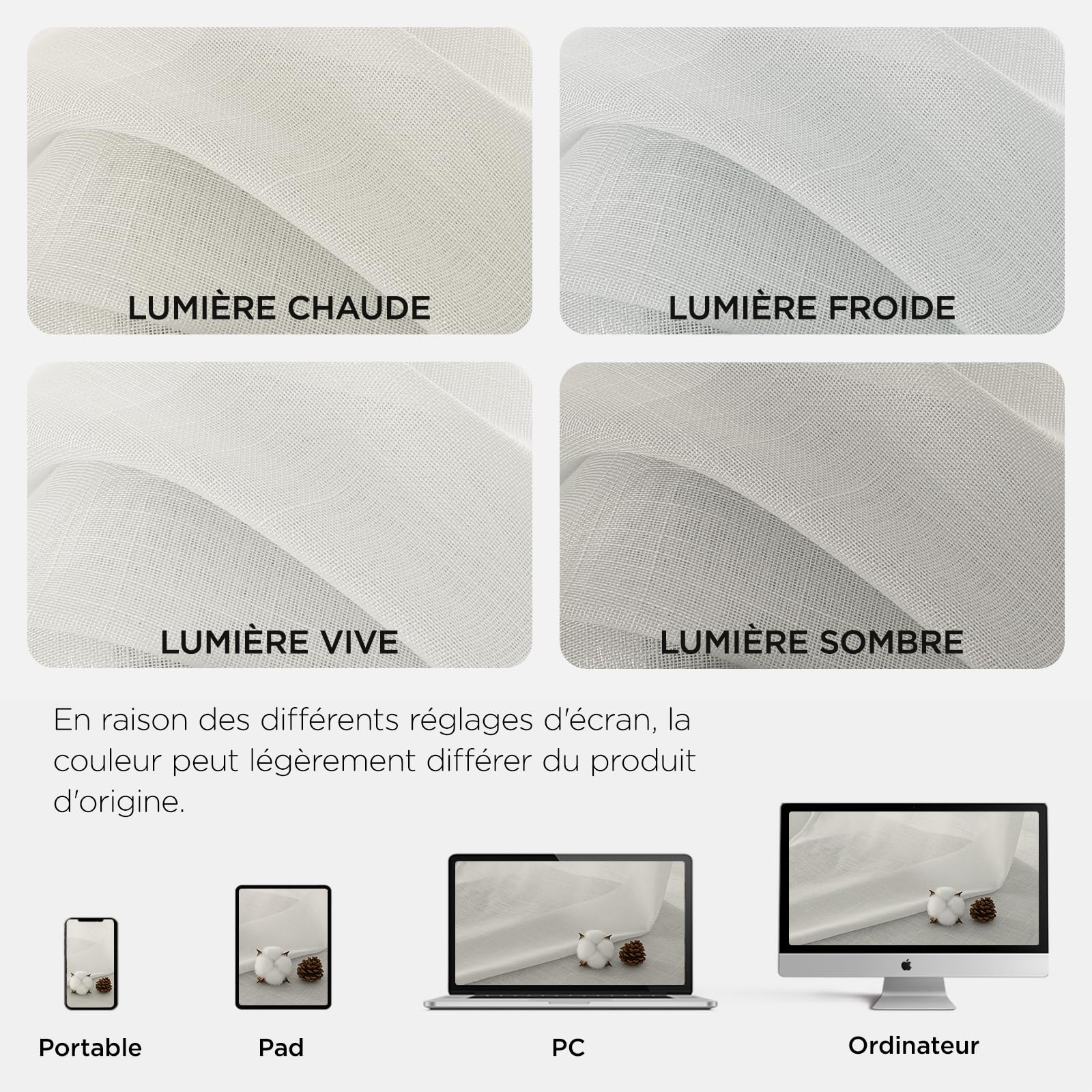 Joydeco Lot de 2 Rideaux Voilages Ivoire 140x245 cm pour Rail Plafond, Voilage Semi-Transparent Effet Lin avec Galon Fronceur pour Décoration Interieure et Filtrage de Lumière (sans Crochets)