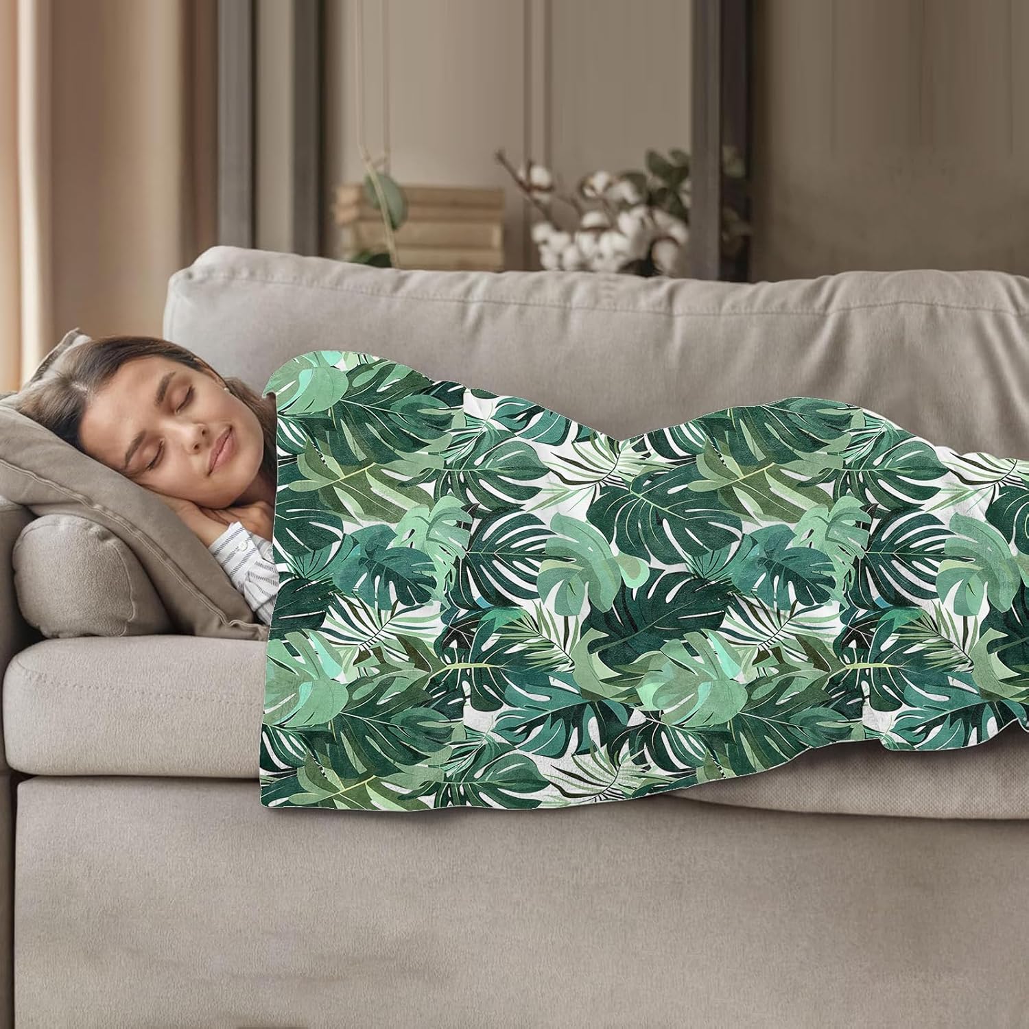 Tropical Leaf Throw Blanket for Women Girls Boys, Soft Flannel Blankets Gifts for Living Room Couch, Home, Sofa Decor, 50"x60"