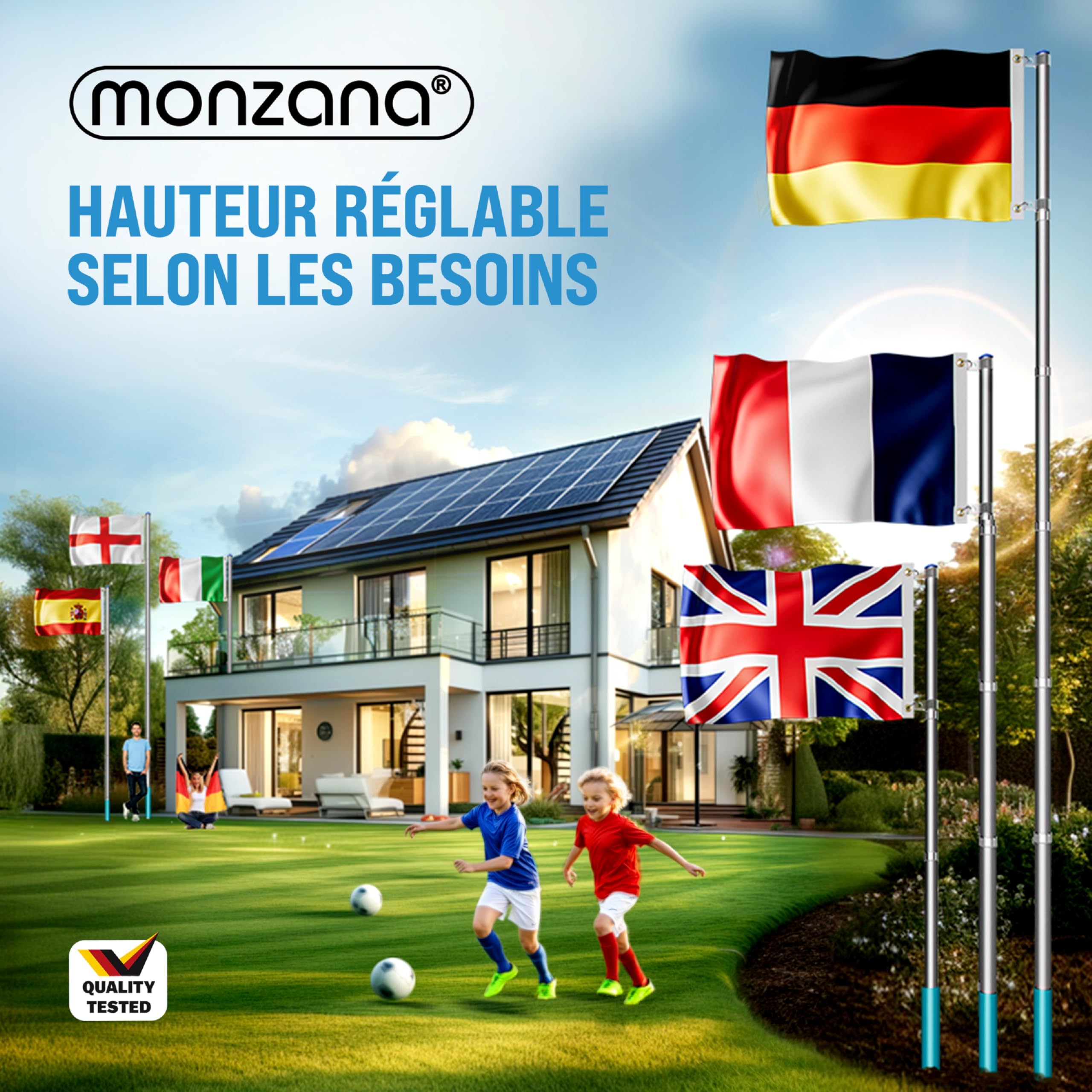 MONZANA® Mât de drapeau télescopique aluminium 6,3m douille de sol 60cm réglable hauteur jardin hampe national