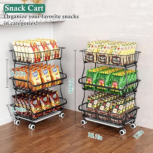 Miniatura 9 de Organizador de piso de despensa rodante de 3 niveles y carrito de almacenamiento con ruedas, cestas apilables de despensa de alambre para estantes