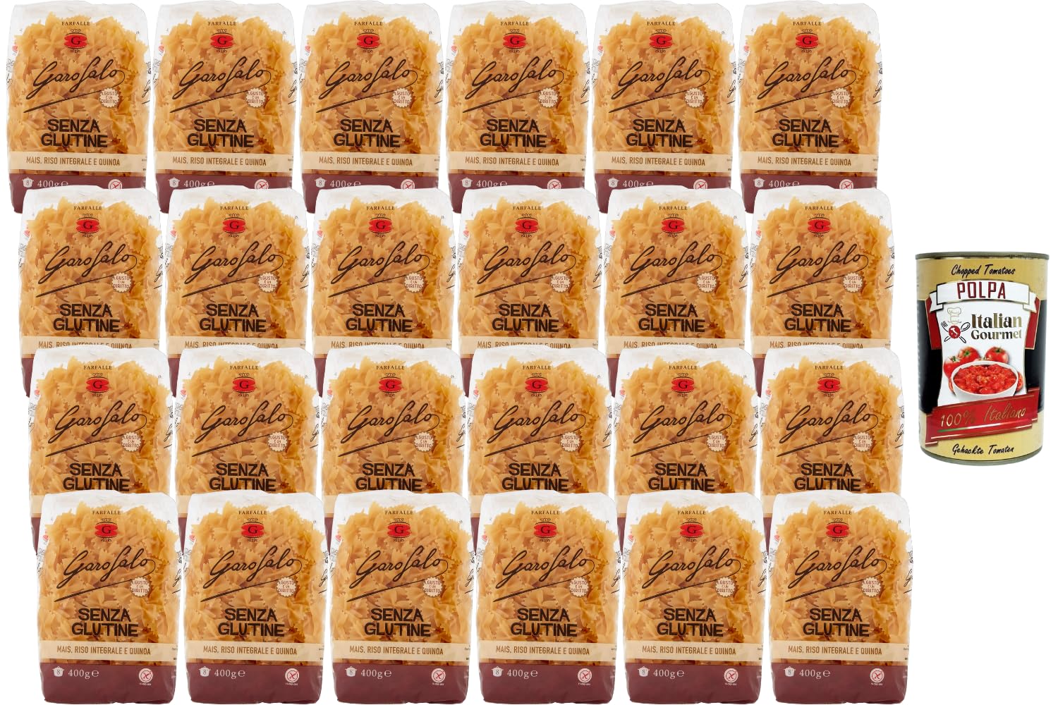 Italian Gourmet Farfalle Pasta italiana glutenfrei 24 x 400g Mais Quinoa | Senza glutine, aus Vollkornreis; formato farfalla per insalate fredde, hält, Gesamtnettogewicht 9,6 kg + Kostenlos Polpa 400g