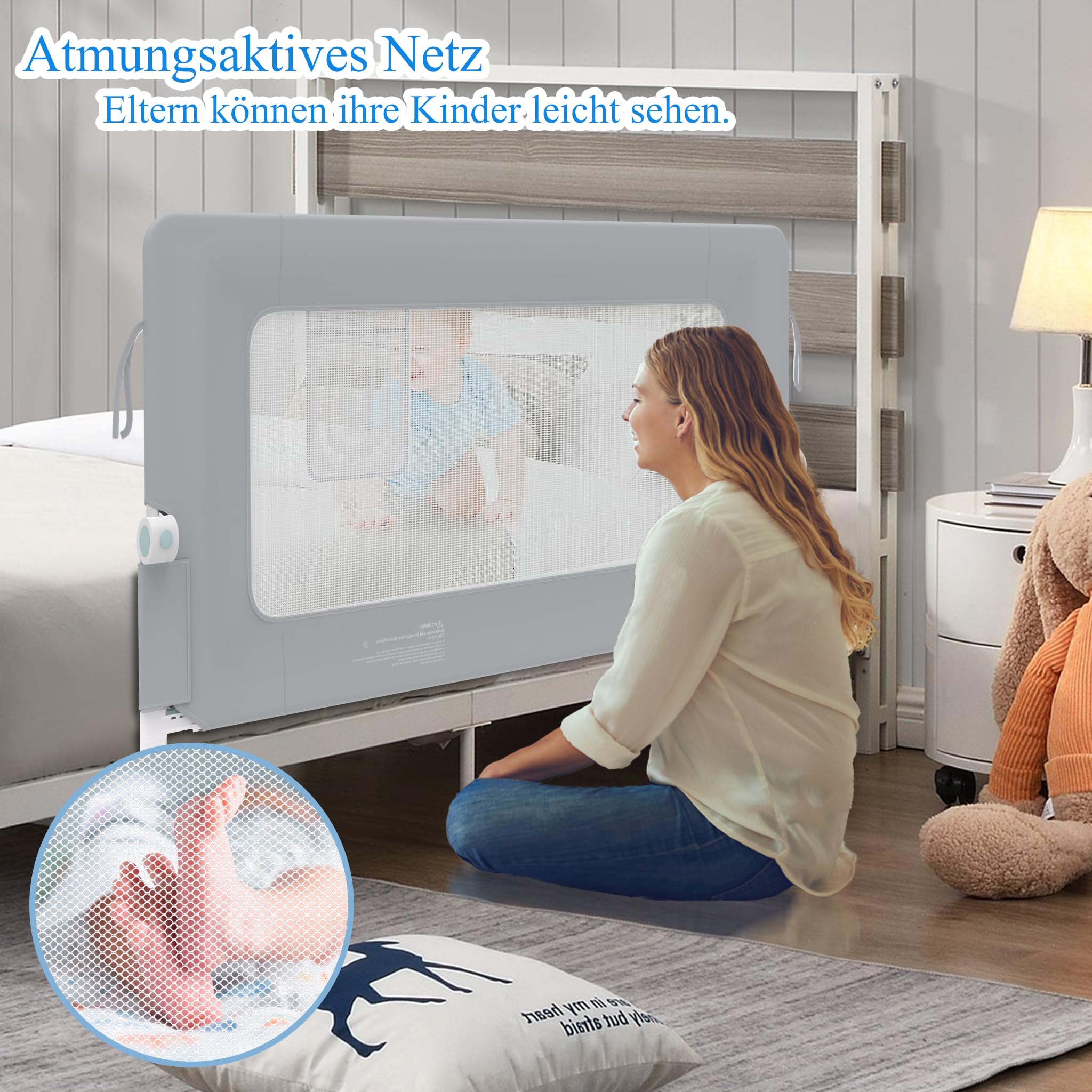 Aufun Bettgitter Rausfallschutz Portable 180cm, Faltbar Kinderbettgitter für Kinder Babybettgitter Klappbar, Tragbar, Bettschuztgitter Bett für Babys und Kinder im Elternbett, Grau