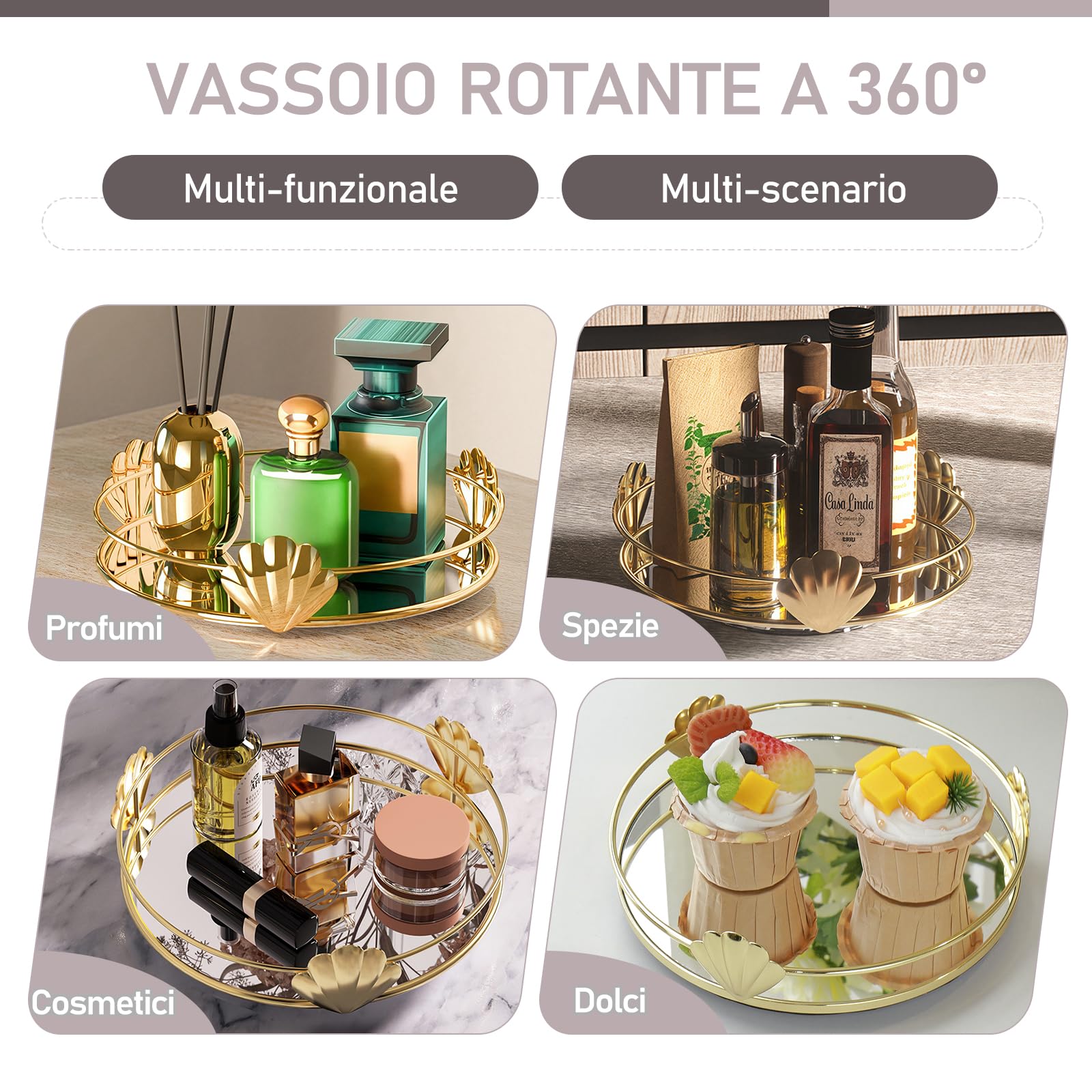 Vassoio Rotante per Profumi, Portaoggetti in Metallo Dorato, Decorativo per Cosmetici, Bagno in Vetro, Rotondo a Specchio