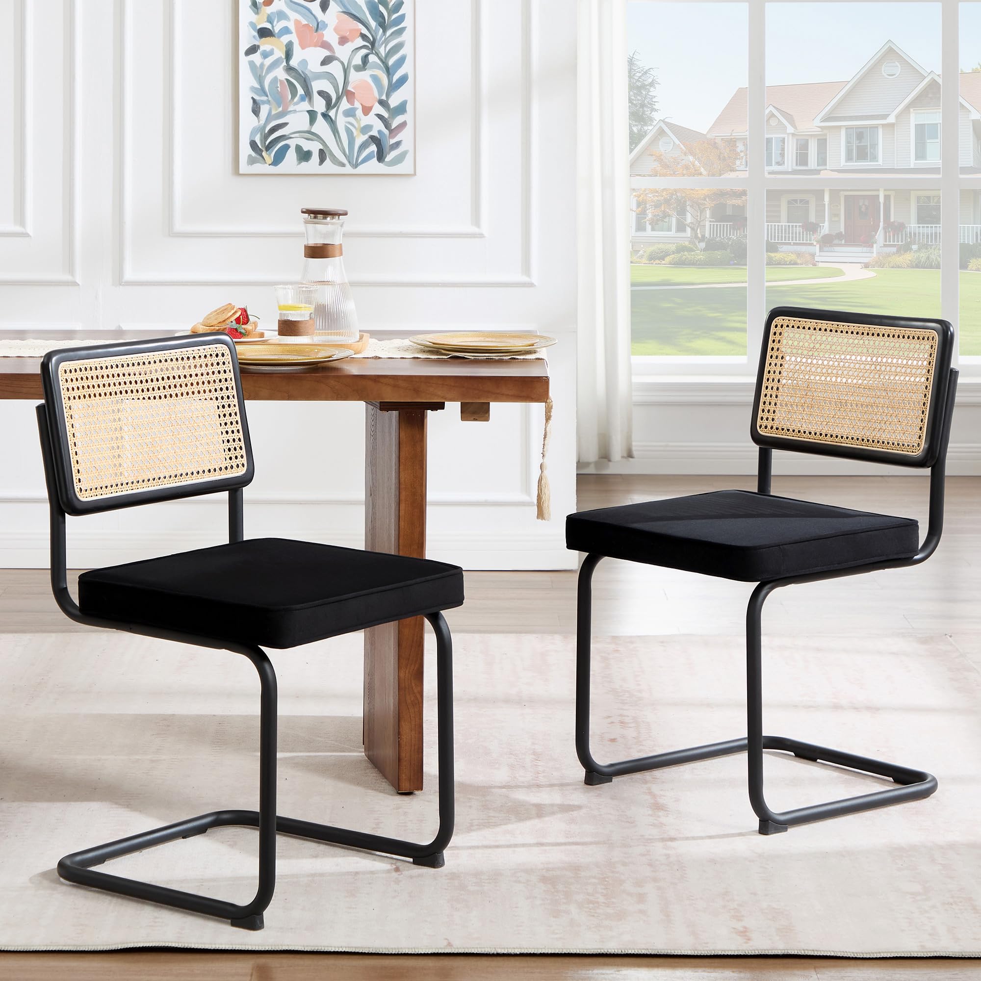 Zesthouse Natural Rattan Dining Chairs Set of 2, Modern Dining Room Chairs with Solid Wood Back for Kitchen Living Room, Mid Century Breuer Design Inspired, Upholstered Velvet Fabric, Black