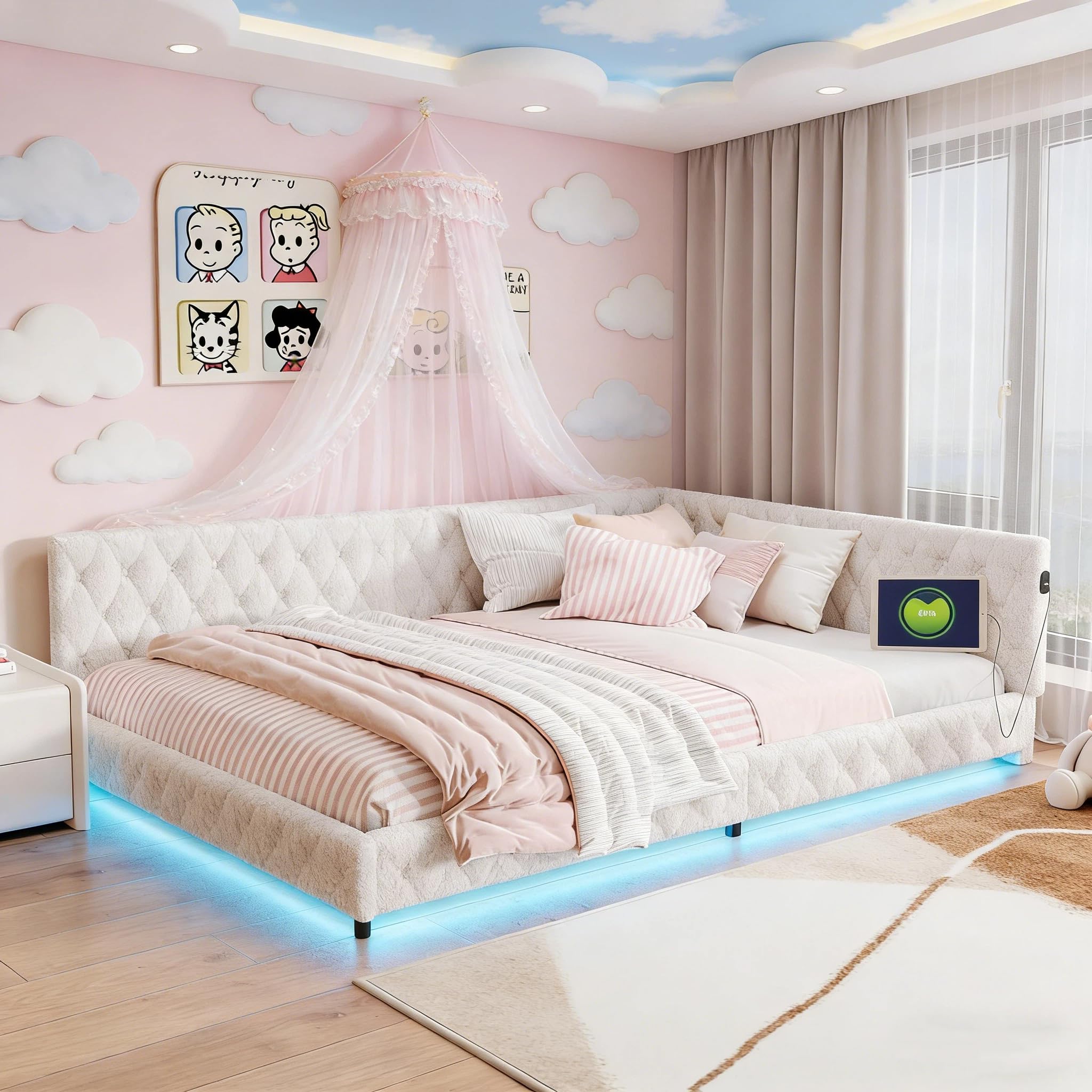 BRILVERDE Łóżko tapicerowane 140 x 200 cm, z diodami LED i USB, łóżko dziecięce, sofa ze stelażem, łóżko podwójne, dla dzieci i młodzieży, wełna jagnięca, bez materaca (białe, 140 x 200 cm)