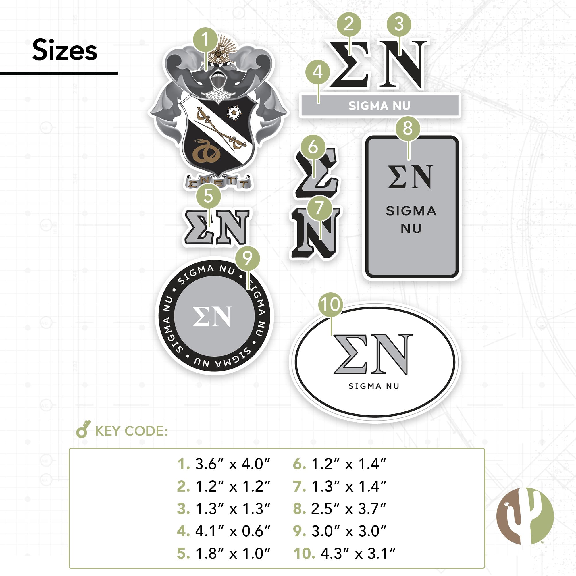 Desert Cactus Sigma Nu Fraternity Sticker Sheet - Officially Licensed Decals For Laptop, Water Bottle, Car