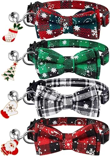 LLHK Paquete de 4 collares de Navidad para gatos con pajarita y campana, collar de gatito para niñas y niños, ajustable de 7 a 12 pulgadas, para