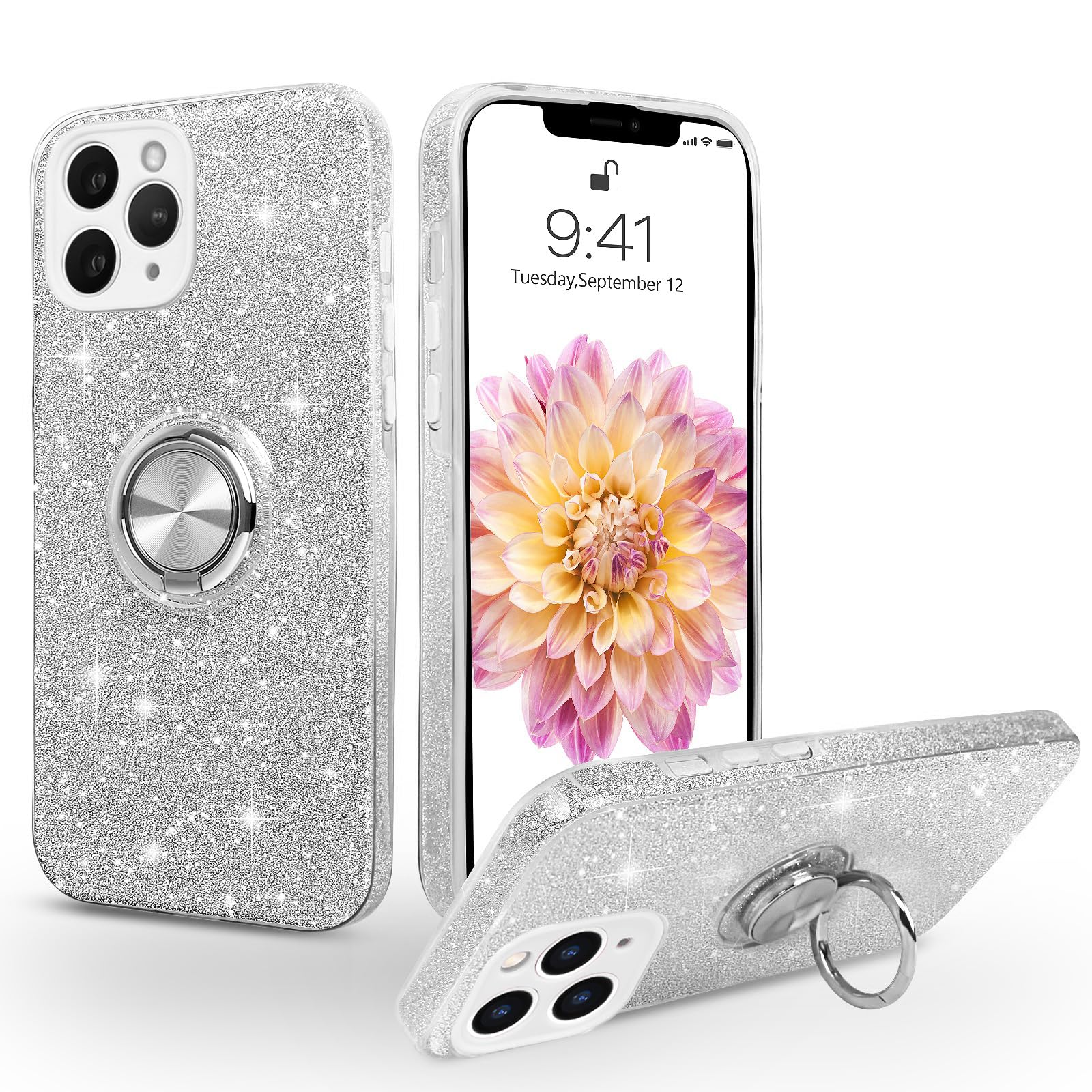SouLips Compatible with 11 Pro Case, Magnetic Car Mount Supported Slim Thin Glitter Sparkle with 360° Ring Holder Kickstand Shockproof Protective