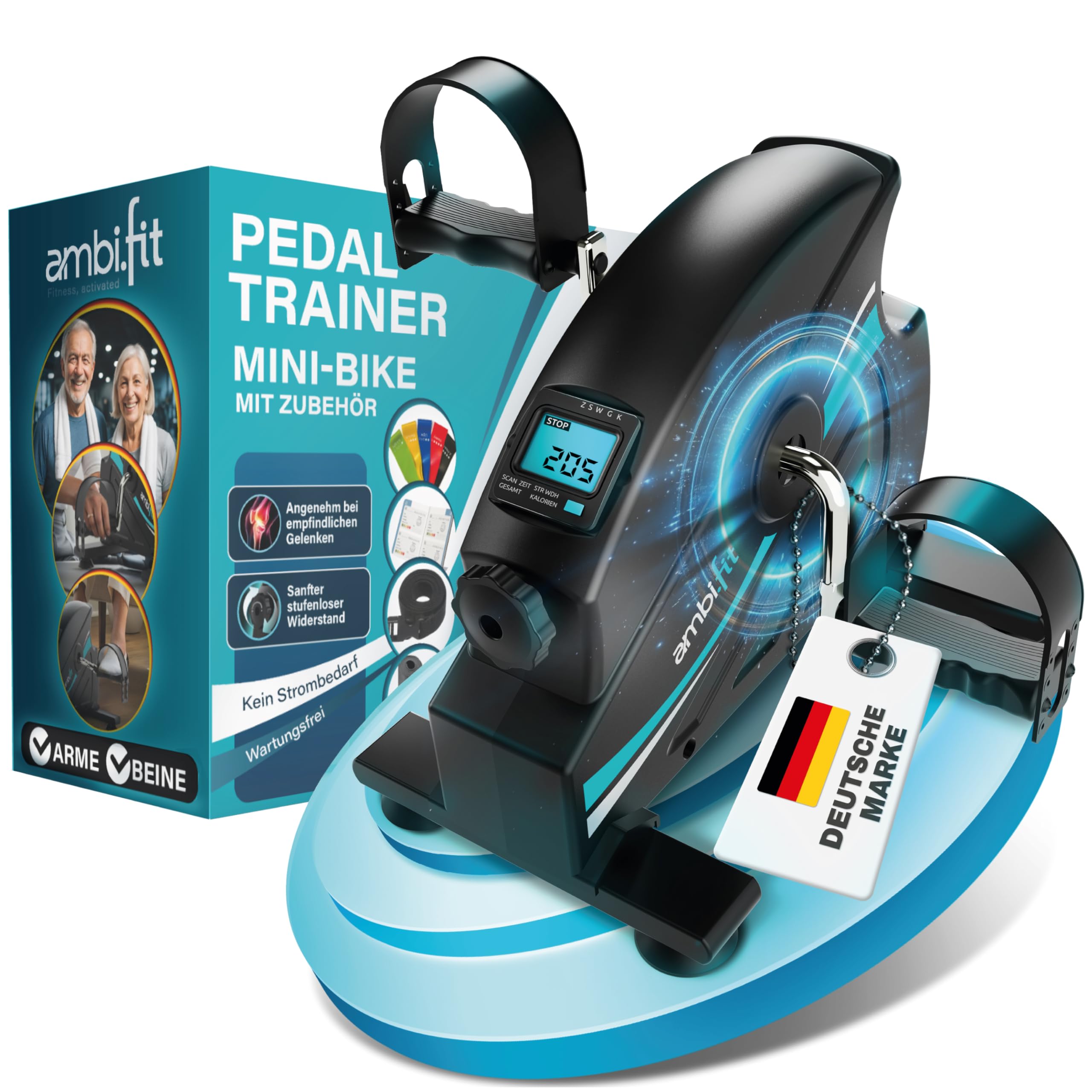 AMBIFIT Mini Heimtrainer Pedaltrainer Set leise stufenlos einstellbar Beintrainer Armtrainer mit Trainingsmonitor Ergometer Fitnessgerät