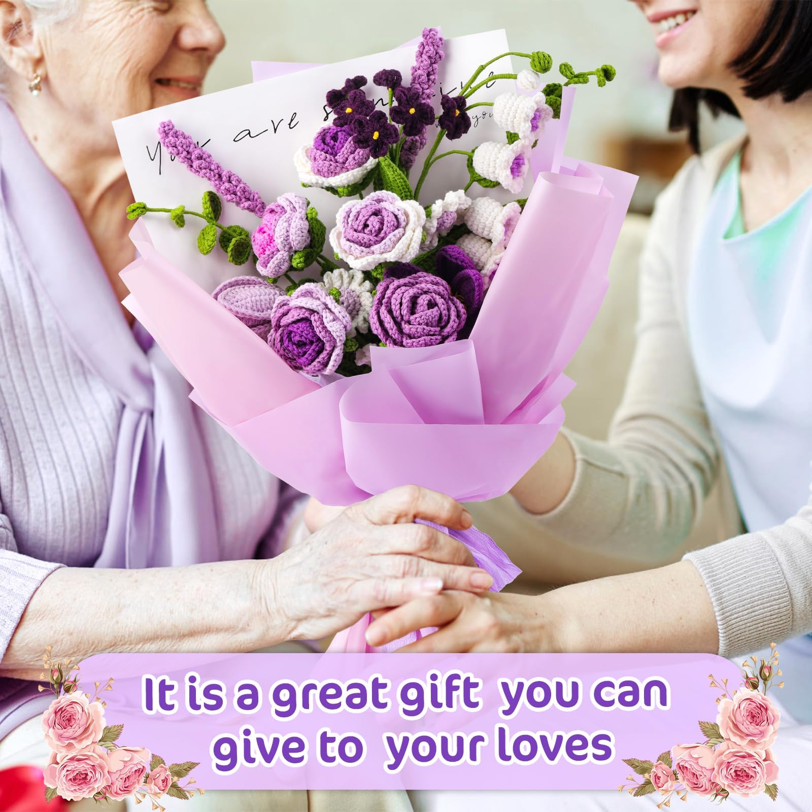 Beginner Crochet Flower Bouquet Kit - Purple Roses -6
