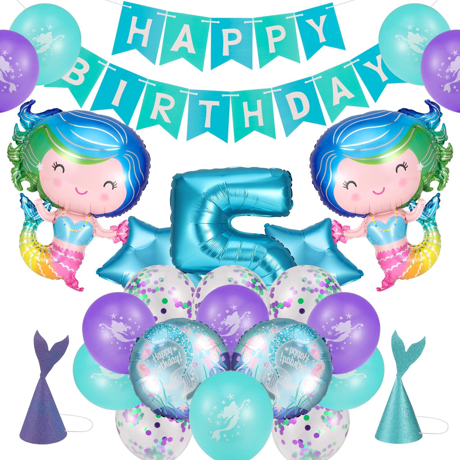 Popuppe Mermaid Birthday Party Decorations, 25Pcs Happy Birthday Banner, Mermaid Balloons and Glitter Mermaid Birthday Hats for Kids Birthday Party(5th Birthday)