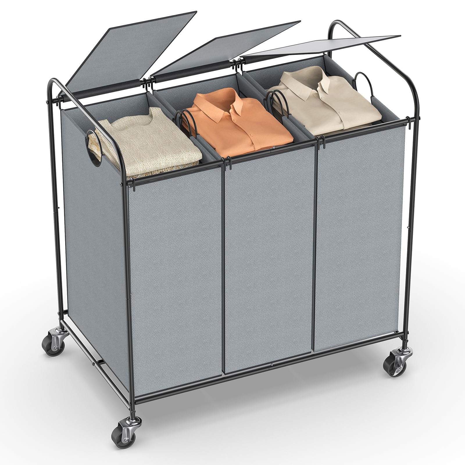 Clasificador de ropa sucia de 3 secciones con tapa, cesta de lavandería con ruedas, hecha de tela Oxford y tubos de metal, gran ca