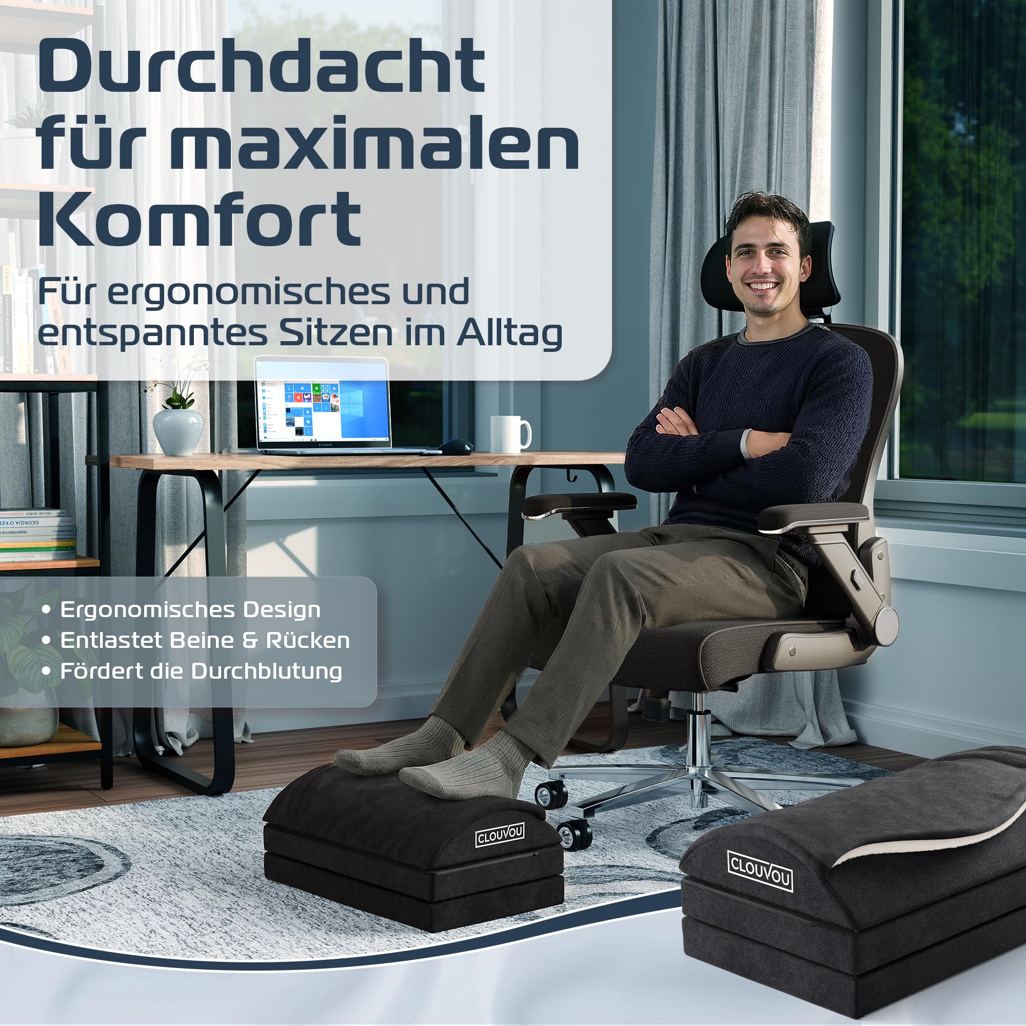CLOUVOU MasterRest Ergonomische Fußstütze Schreibtisch [TESTSIEGER] Fußhocker höhenverstellbar - Fußablage Schreibtisch - Fußstütze Büro - Fußkissen für Homeoffice - Traumhaft Flauschig