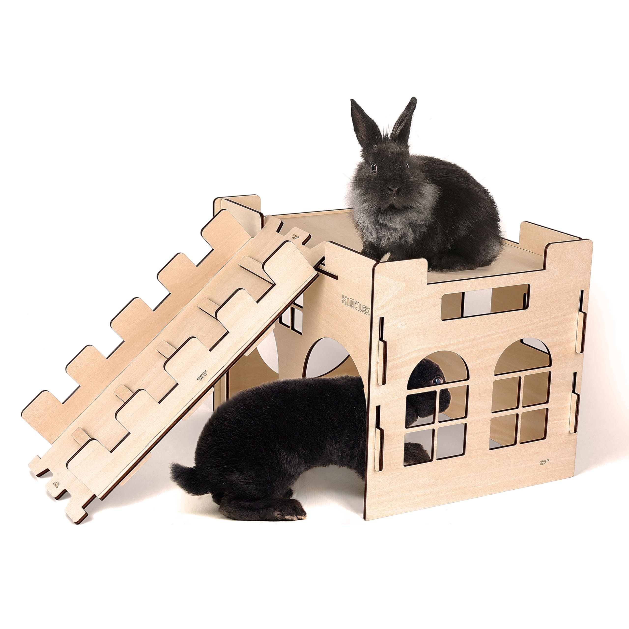 HIIMALEX Extra Large Sturdy Bunny Hideout Wooden Rabbit Castle with Ramp Indoor House Habitat for Rabbits Hamsters Guinea Pigs Ferrets Bunnies