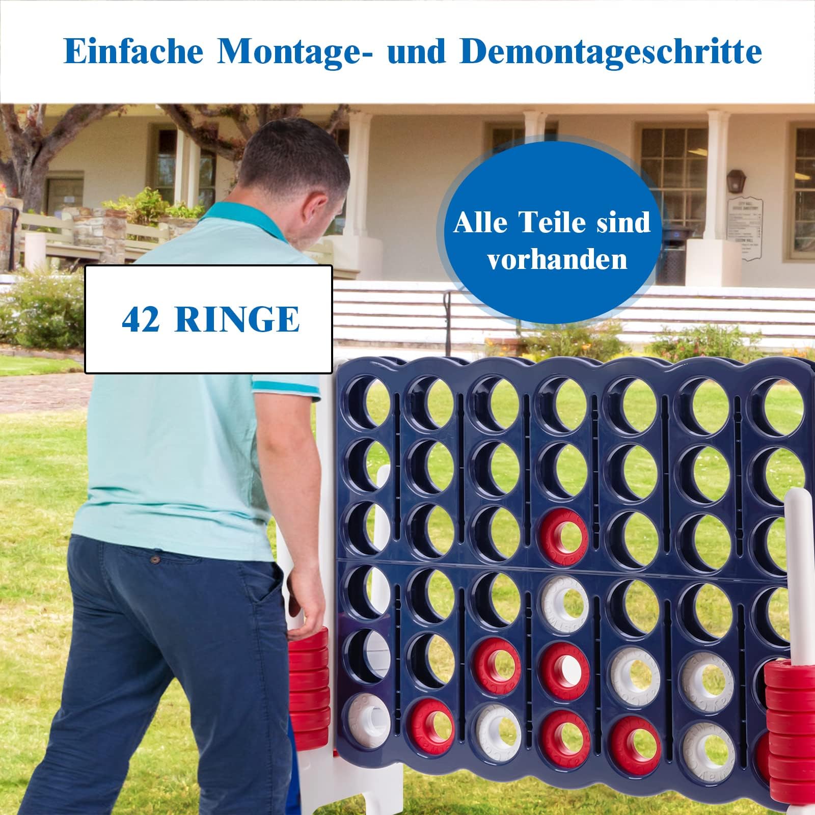 FANTASK Vier in Einer Reihe Spiel mit 42 Jumbo Ringen, Schieberegler zum schnellen Neustart – 4 Gewinnt Spielbrettsätze für Kinder und Erwachsene (Weiß)