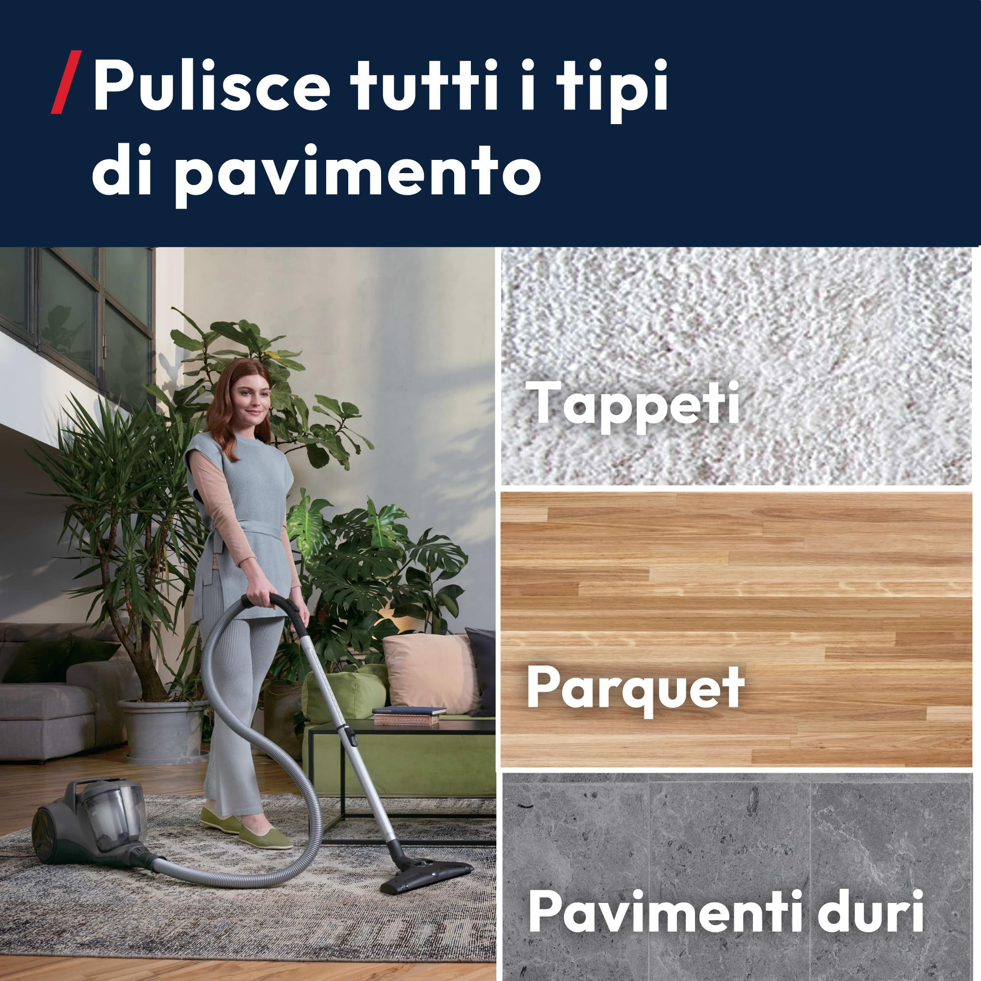Hoover Aspirapolvere a traino senza sacco potente e compatto HP1 per tappeti, pavimenti duri e delicati, Leggero e con filo, Contenitore 2L, Spazzola Parquet, Raggio d'azione 7,5 m [HPZ107HM]