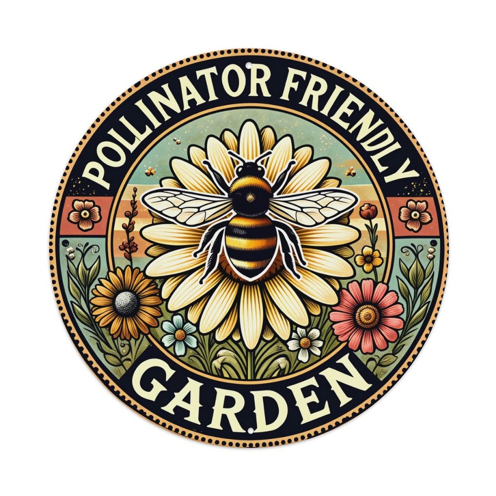 Bee Flower Garden Pollinator Friendly Round Tin Sign Vintage Metal Poster, Home Bar Garage Man Cave Cafe Indoor & Outdoor Wall Decoration 8x8Inches