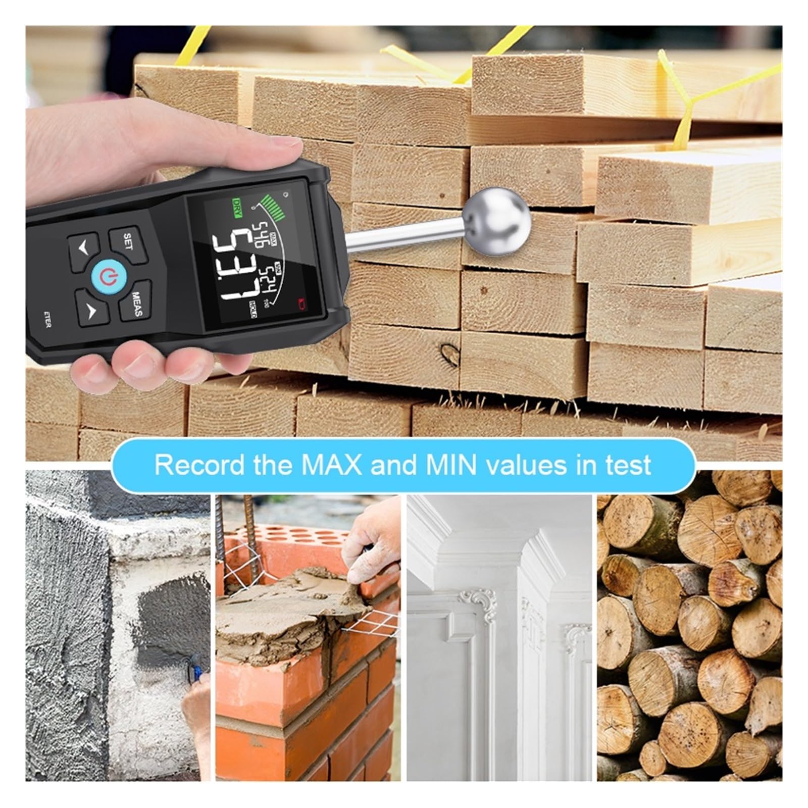 Misuratore di umidità del legno Igrometro sferico non distruttivo Rilevatore di umidità del legno senza contatto Tester di umidità di autocalibrazione