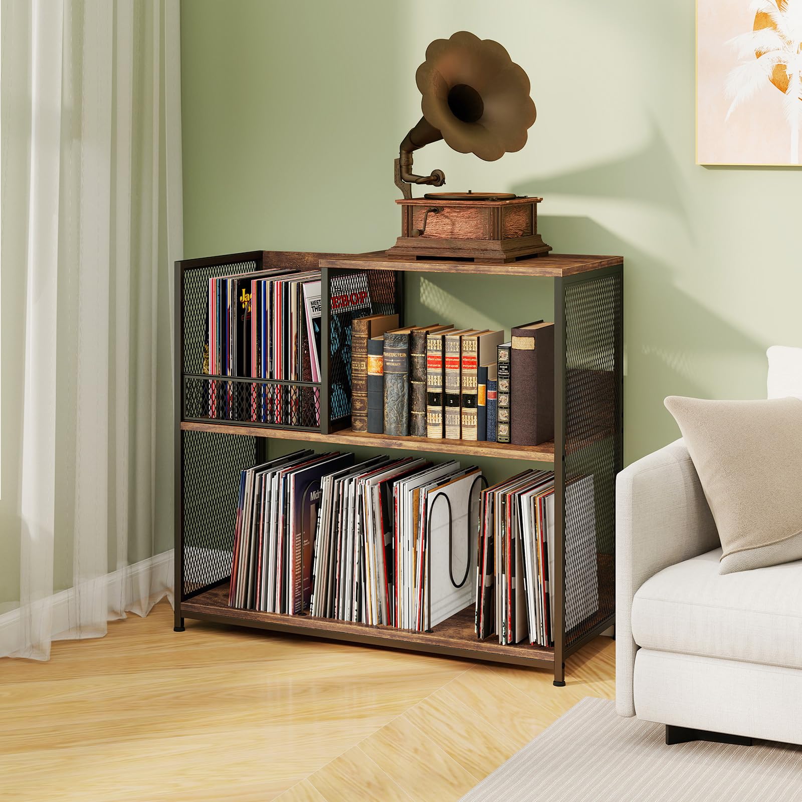 GIANTEX Support pour Tourne-Disques 3 Niveaux, Presentoir Disque Vinyle pour 300 Albums, 3 Diviseurs Amovibles, Rangement pour Albums, Cadre en Métal, Bibliothèque pour Salon, Studio, Bureau (Marron)