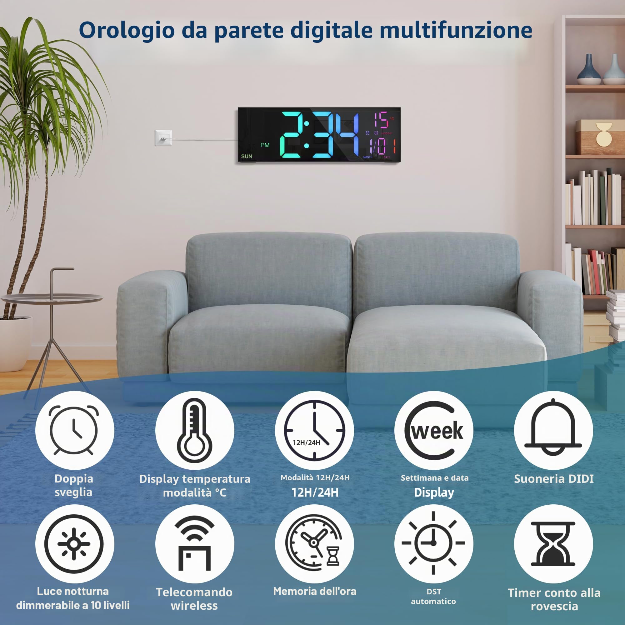 HAITANG Orologio da parete digitale grande 16'' per soggiorno, telecomando, doppio allarme, 8 colori RGB, grande display a LED, luminosità automatica, data, ora estiva automatica, temperatura