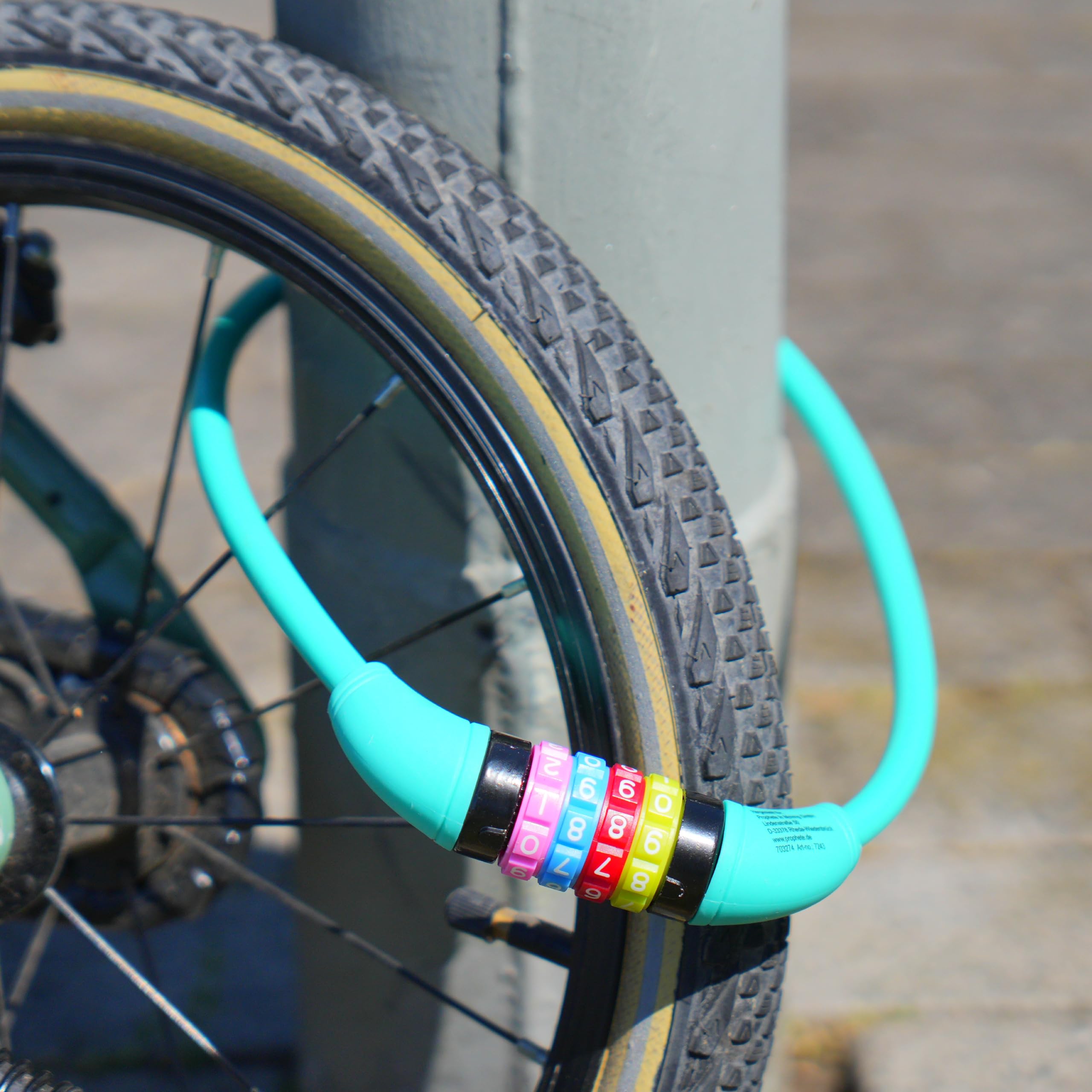 Prophete Lucchetto per bicicletta con numeri per bambini, combinazione a 4 numeri, codificabile liberamente, dimensioni: 650 mm, Ø 10 mm, turchese