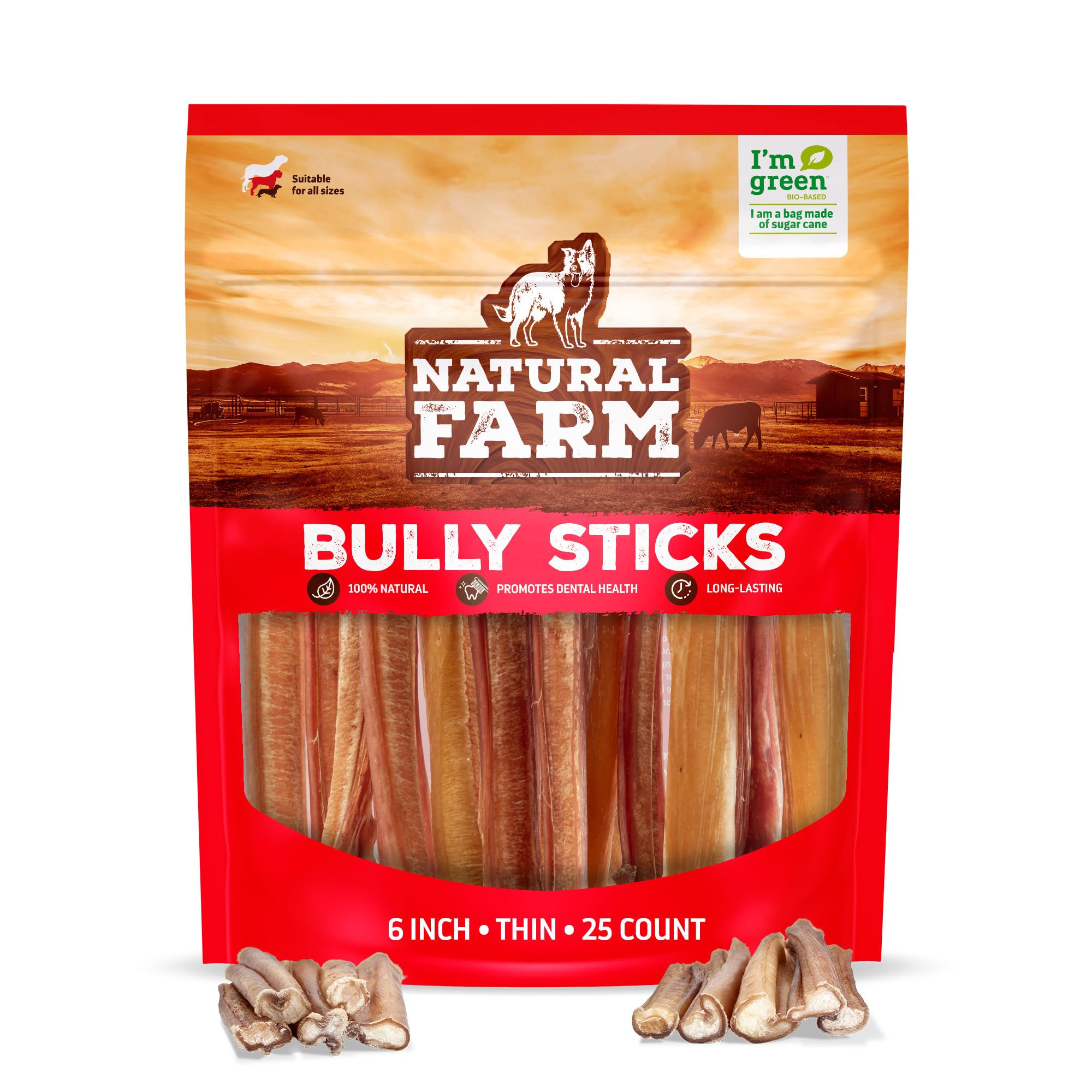 Natural Farm Thin Bully Sticks (6 Inch, 25 Pack)