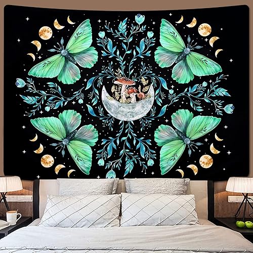 Lyacmy - Tapiz de polilla de luna, tapiz de hongos, tapiz estético de mariposas, tapiz de plantas florales verdes, tapiz para colgar en la pared de
