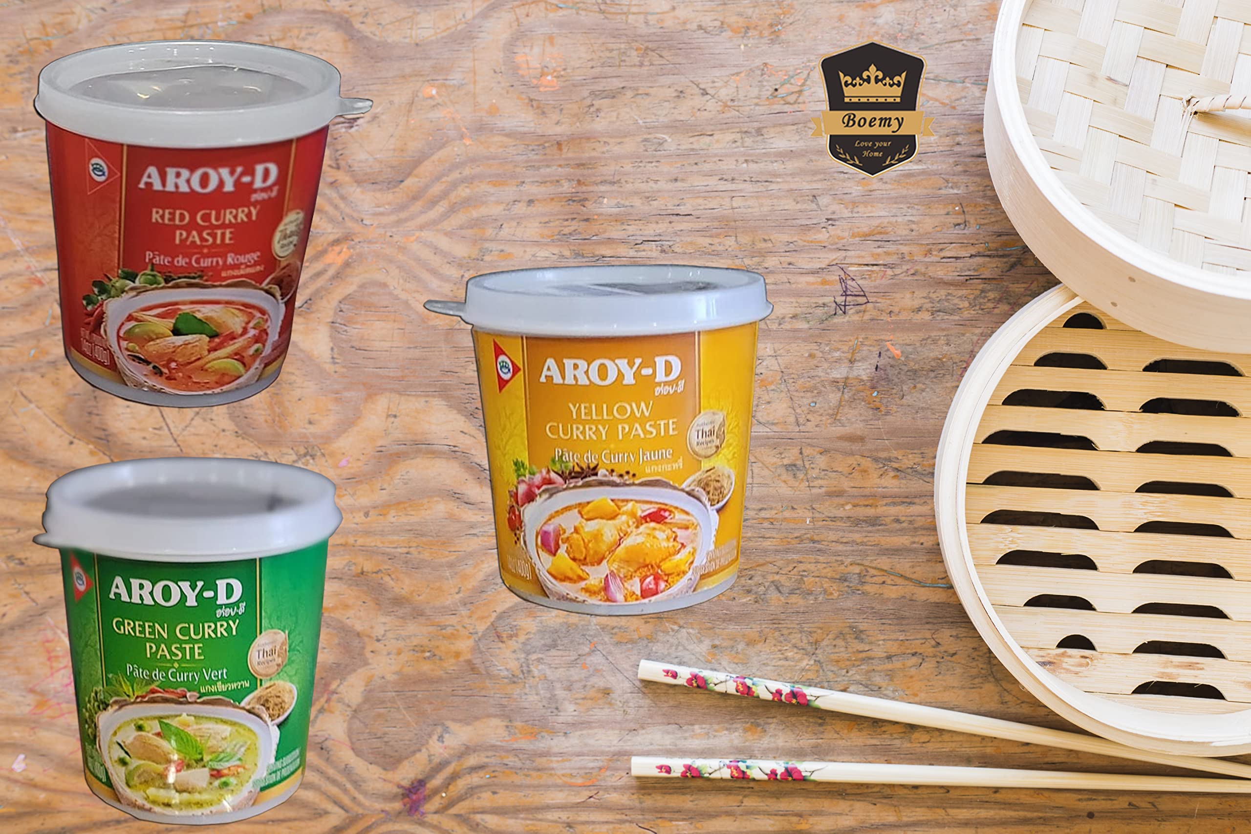 Set de Degustación de Pastas Thailandesas de Curry Rojo, Verde y Amarillo Aroy-D 400gr. C/u -Pastas de Curry - Sabor Thailandes