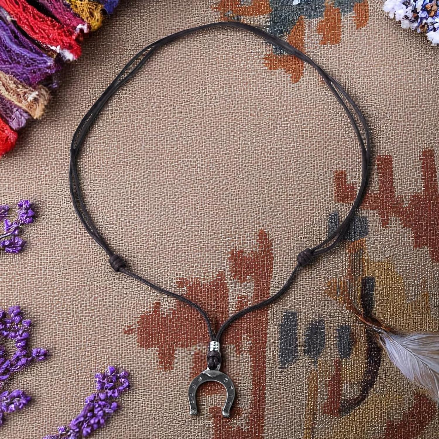 BlueRica Horseshoe Pendant on Adjustable Brown Cord Necklace - Image 5