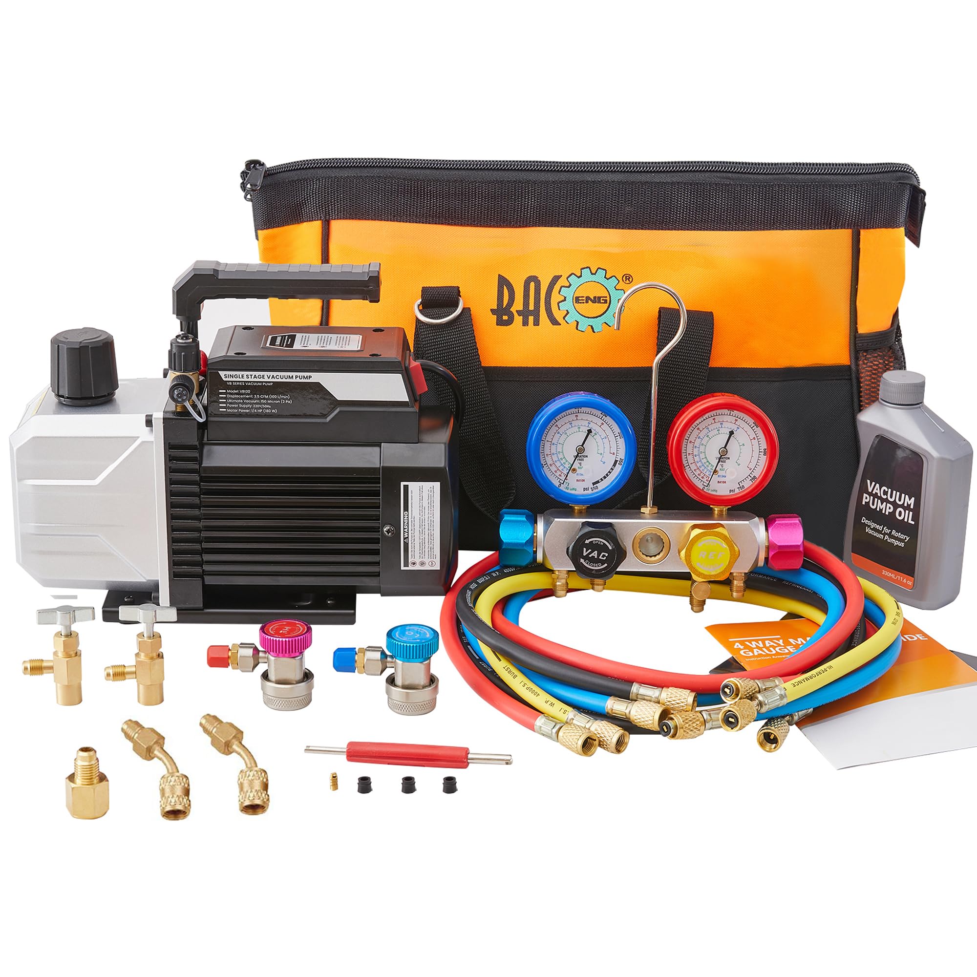 BACOENG 4.5 CFM Vakuumpumpe Klimaanlage Set für HVAC/Auto AC Kältemittelaufladung, 4 Wege Klimaanlage Befüllen Manifold Gauge Set Ideal für R32 R134A R410A
