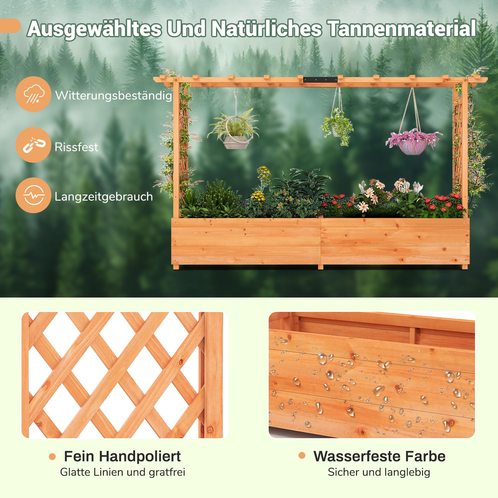 SOARS Jardinière surélevée avec treillis - 200 x 44 x 114 cm - Jardinière avec treillis et toit - Jardinière avec tuteur - Jardinière surélevée pour jardin, balcon, bois, pour fleurs, plantes