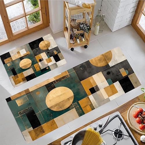 Kitchen Mat Set of 2 Pcs, Abstract Geometric Non Slip Rugs for Kitchen Floor, Retro Oil Painting Absorbent Runner Comfort Standing Mats Washable for