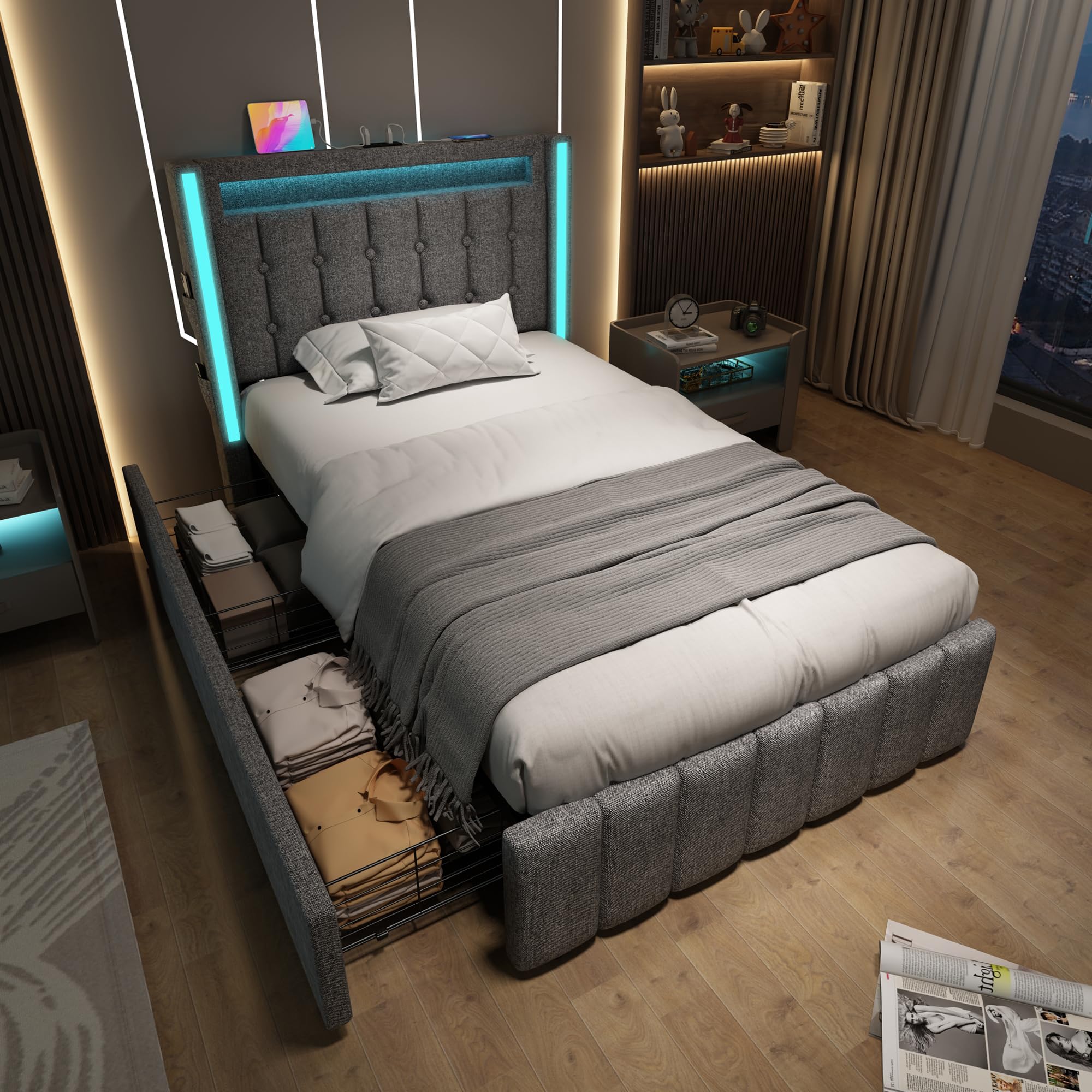 Modernes Polsterbett 90x200cm | Grau | USB-C Ladefunktion | LED-Beleuchtung | 2 Schubladen | Smart Home App | Fernbedienung | Robuster Lattenrost | Jugendbett | Stauraumbett