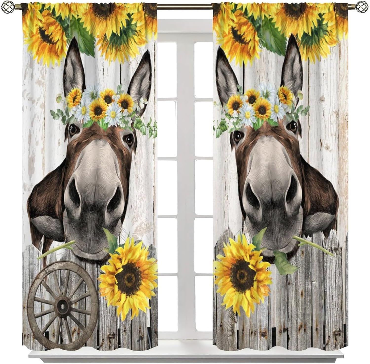 Vintage Farmhouse Donkey Curtains - Funny Cute Donkey Rustic Wooden Board Wheel Floral Sunflower Thermal Insulated Blackout Curtains - Rod Pocket Window Treatment for Bedroom 2 Panels 72L x 31.5W