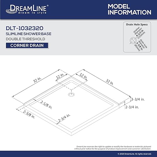 Miniatura 4 de DreamLine SlimLine DLT-1032320 - Base de ducha de doble umbral de drenaje de esquina de 32 pulgadas de profundidad x 32 pulgadas de ancho x 2 34