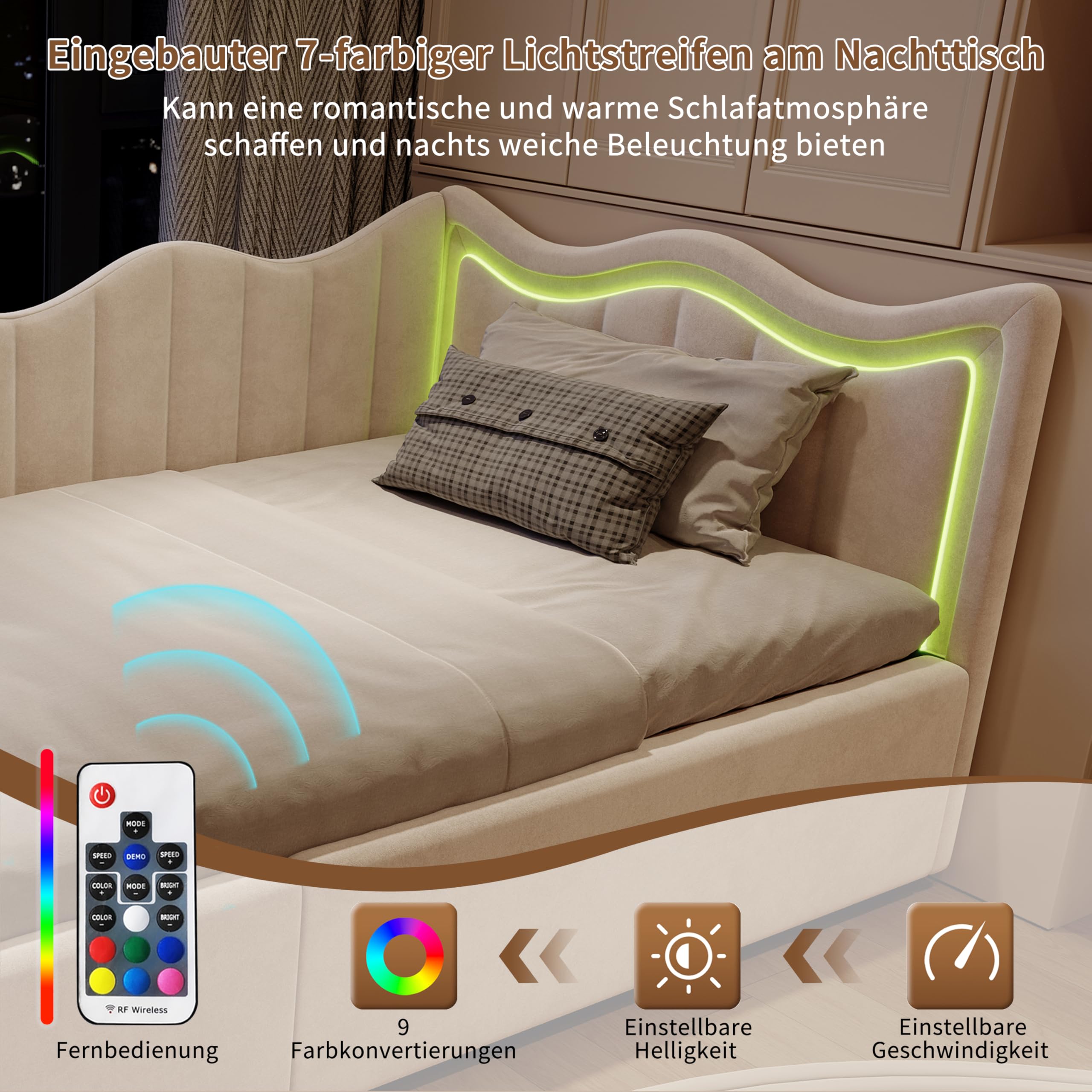 Cama tapizada, sofá cama 90 x 200 cm, con iluminación LED, cama individual con LED integrado, 90 x 200 cm, cama juvenil con espacio de almacenamiento hidráulico y cabecero, tela de terciopelo, cama de