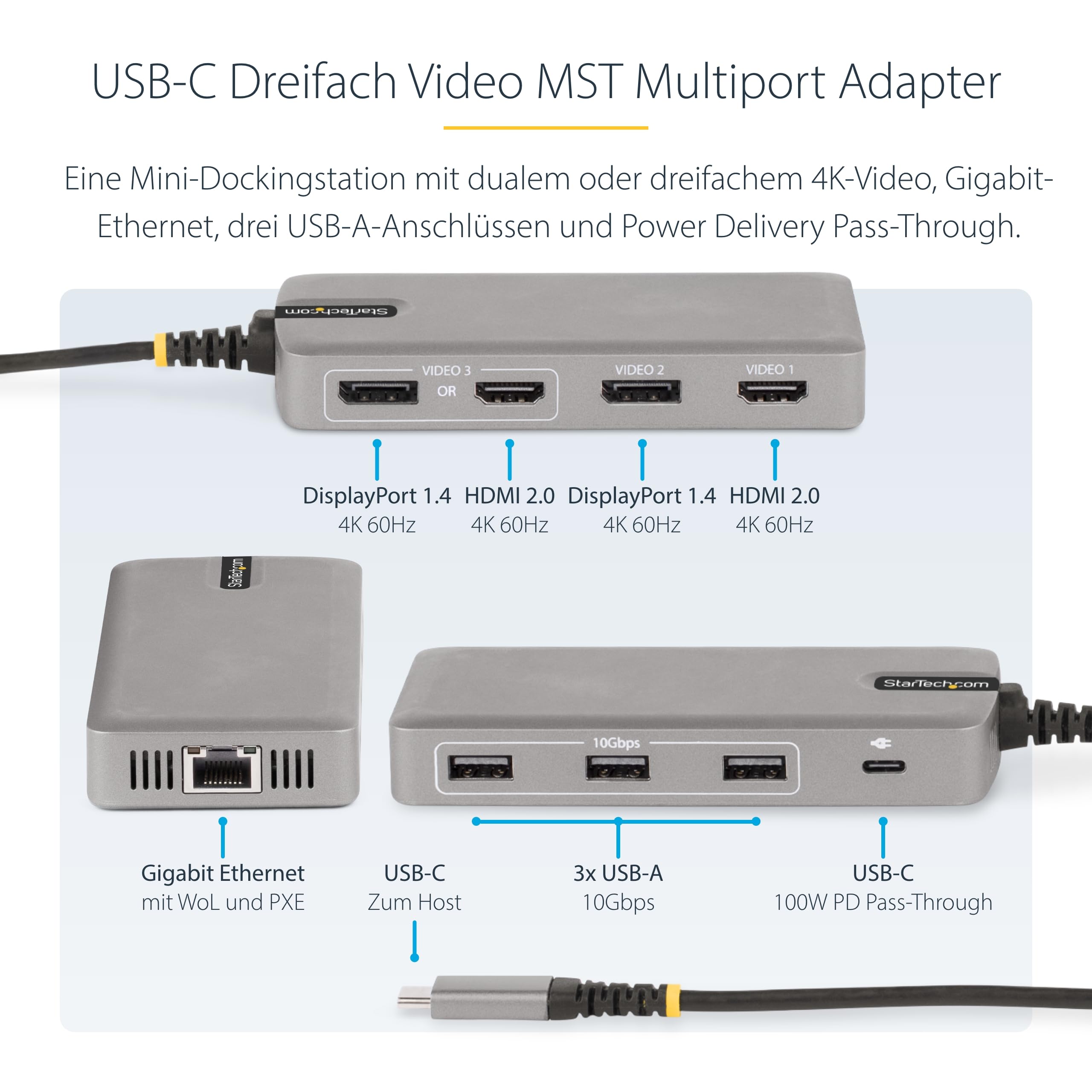 StarTech USB-C Triple 4K HDMI DP Dock, 100W Laptop-Laden, GbE, 3X USB-A | Dockingstation, 3 Monitor Laptop Dock, 2x 4K 60Hz + 1x 4K 30Hz, Reisedock, TB3/TB4, ChromeOS