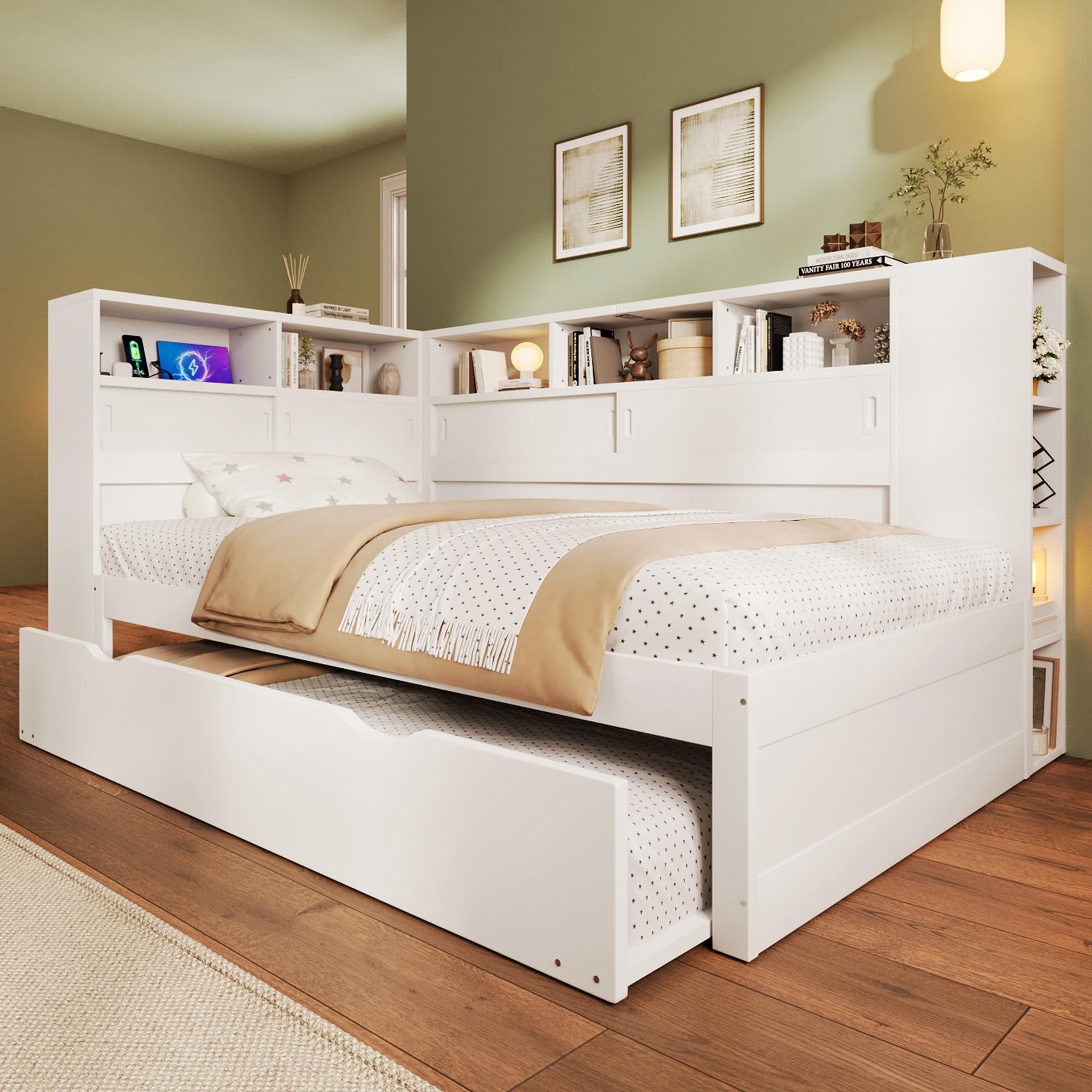 Funktionsbett | Stauraumbett | Kinderbett mit Ausziehbett, USB und Bücherregal, Kiefernholz Plattformbett mit Regal, für Erwachsene, Kinder, Jungendliche, Weiß, 90x200 (90x190)