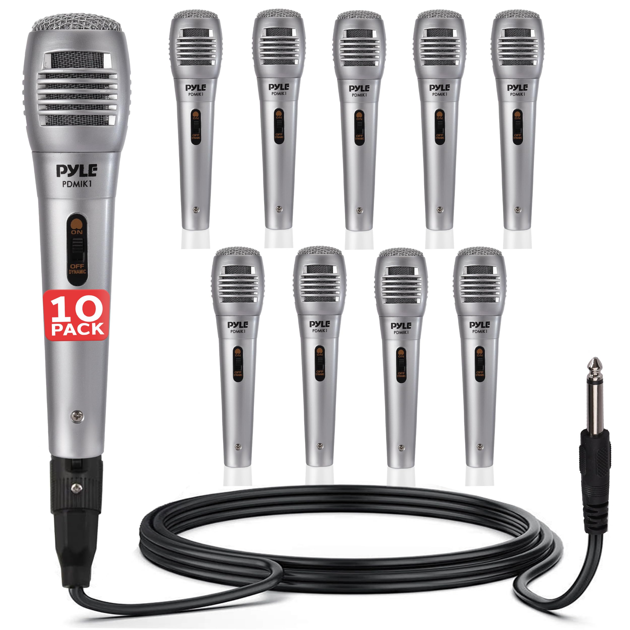 Pyle Professional Dynamic Microphone - 10-Pack Unidirectional Handheld Mic with Built-in Pop Filter, High Signal Output, 6.5 ft. XLR Audio Cable, Ideal for Stage, Karaoke &amp; Studio Performances